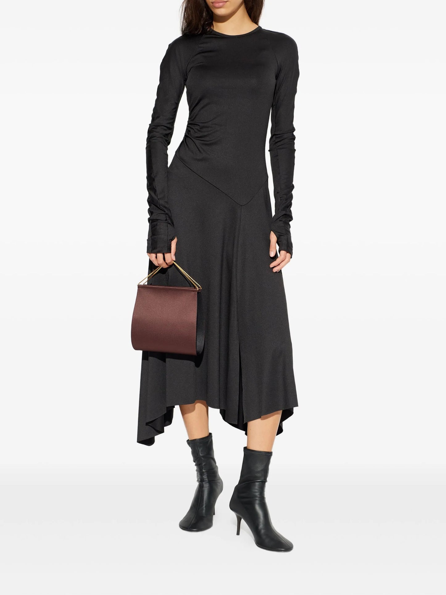 asymmetric-hem long-sleeved midi dress