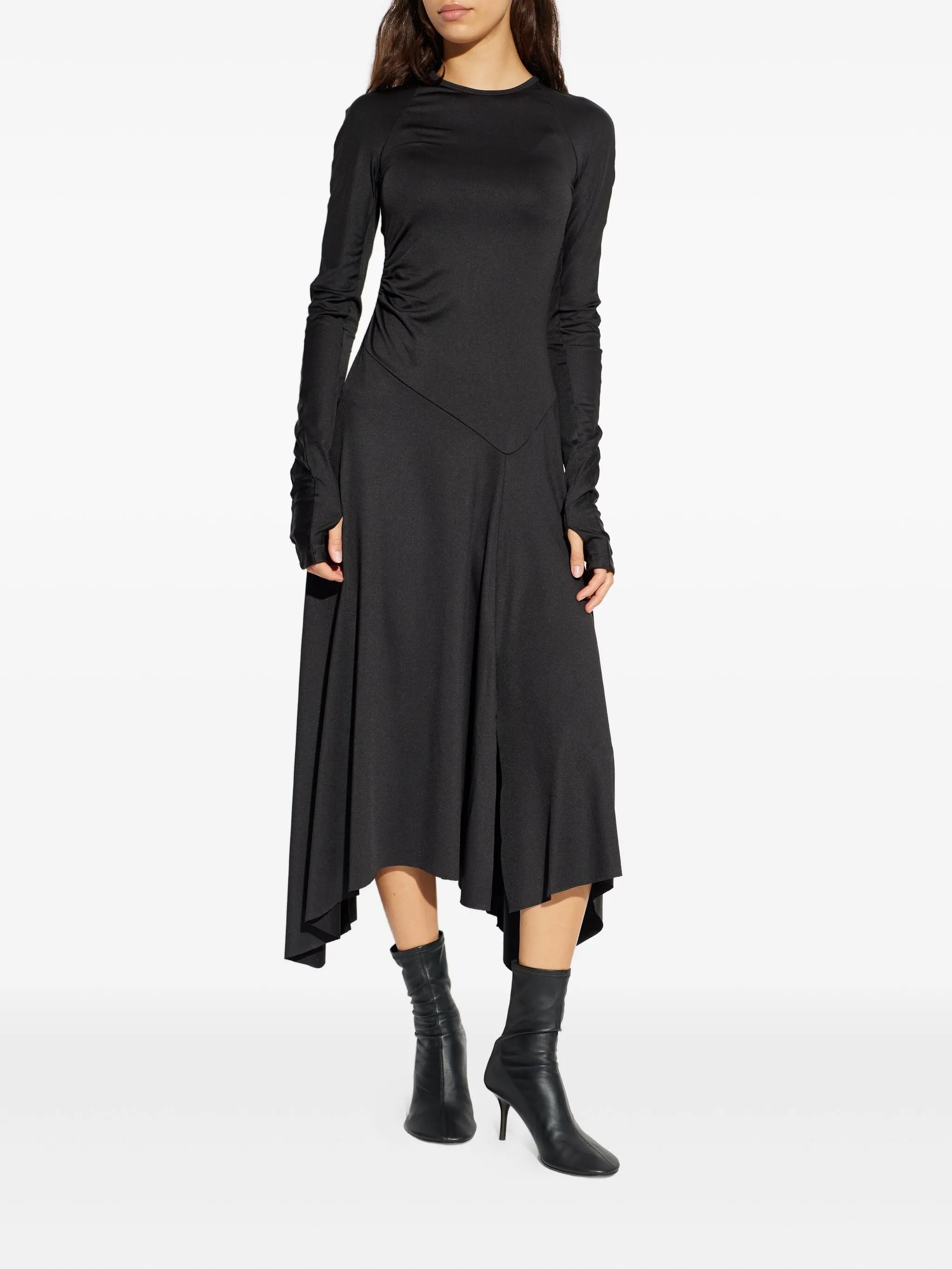 asymmetric-hem long-sleeved midi dress