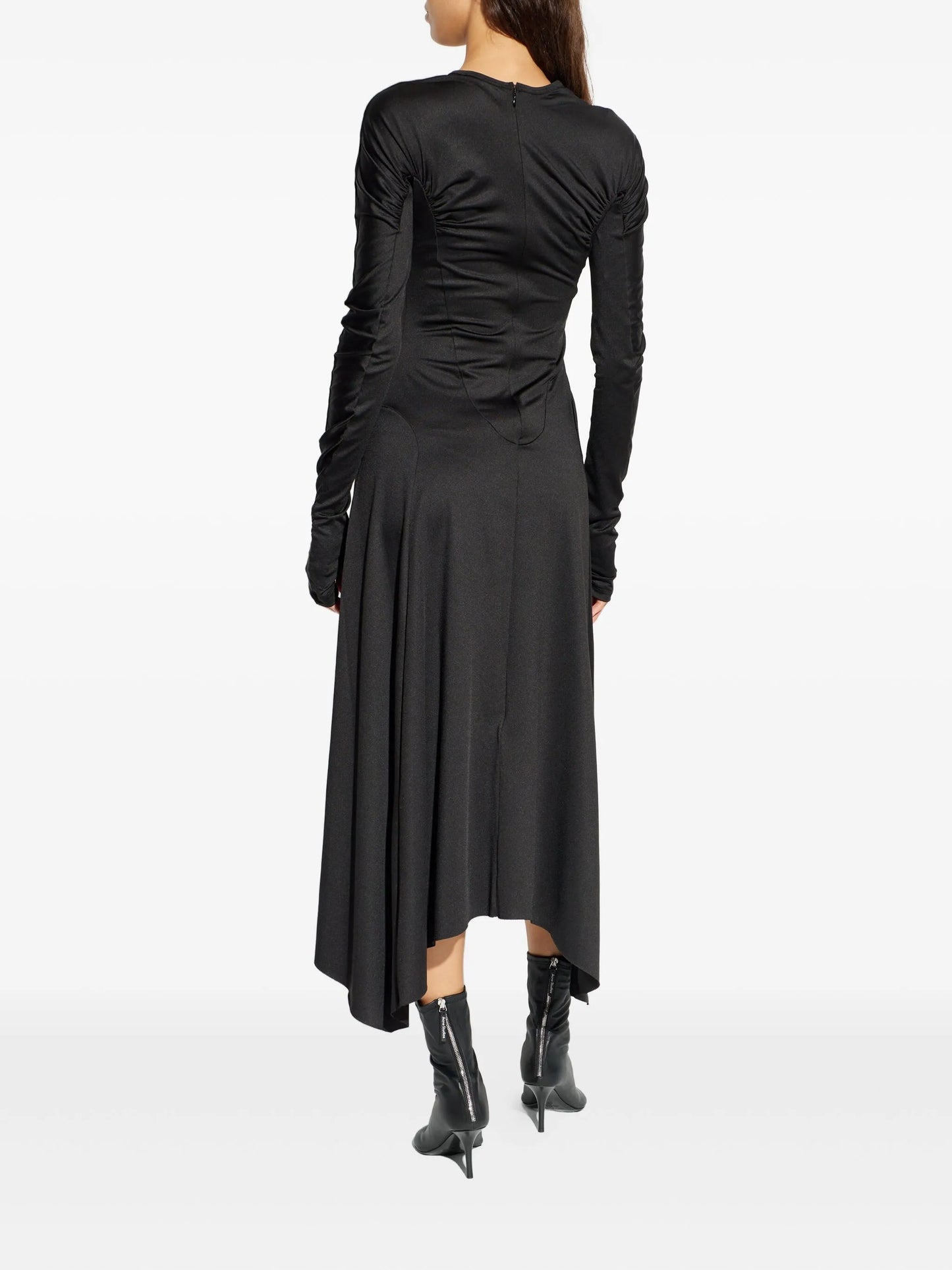 asymmetric-hem long-sleeved midi dress