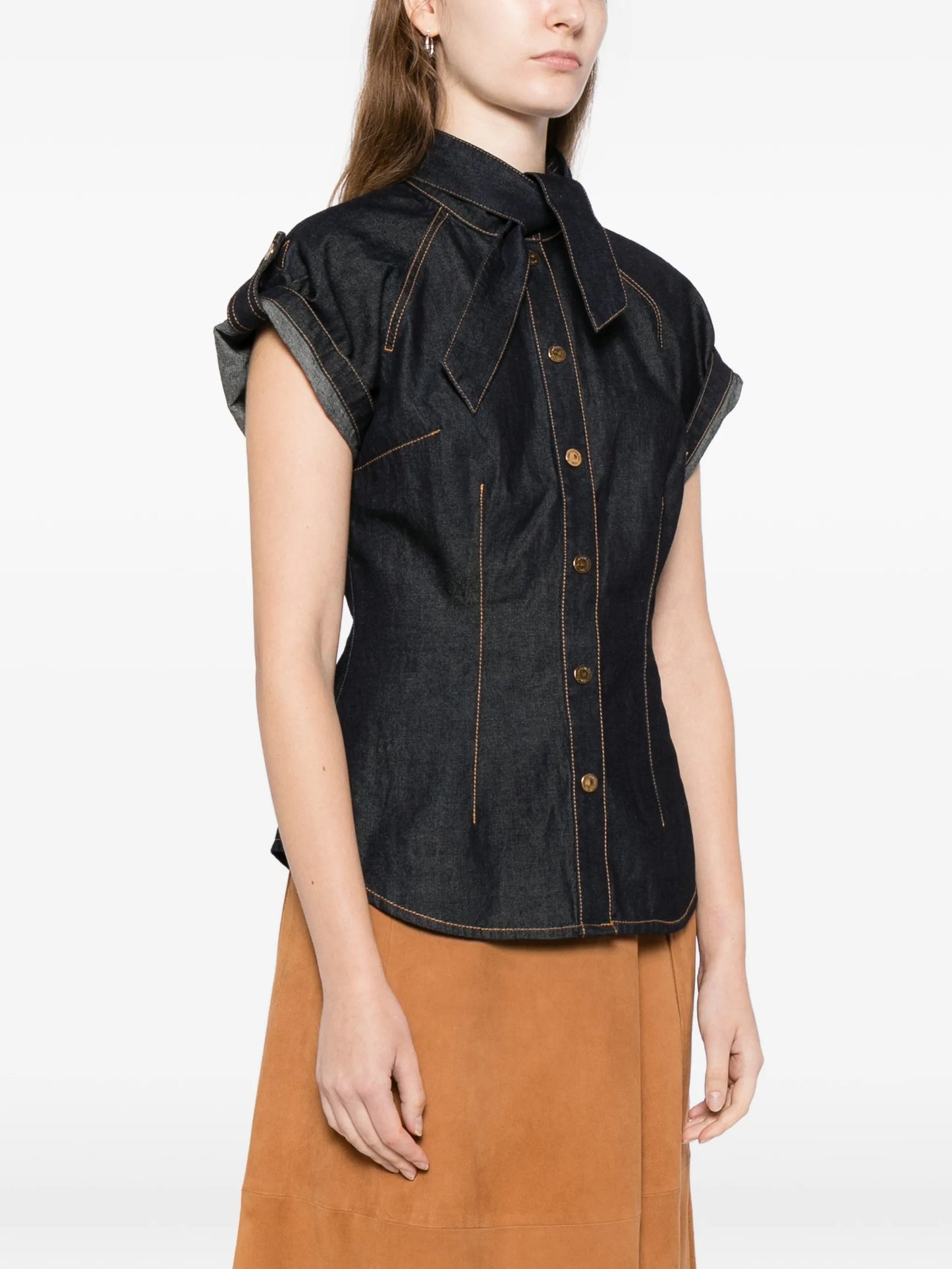 denim tie neck shirt