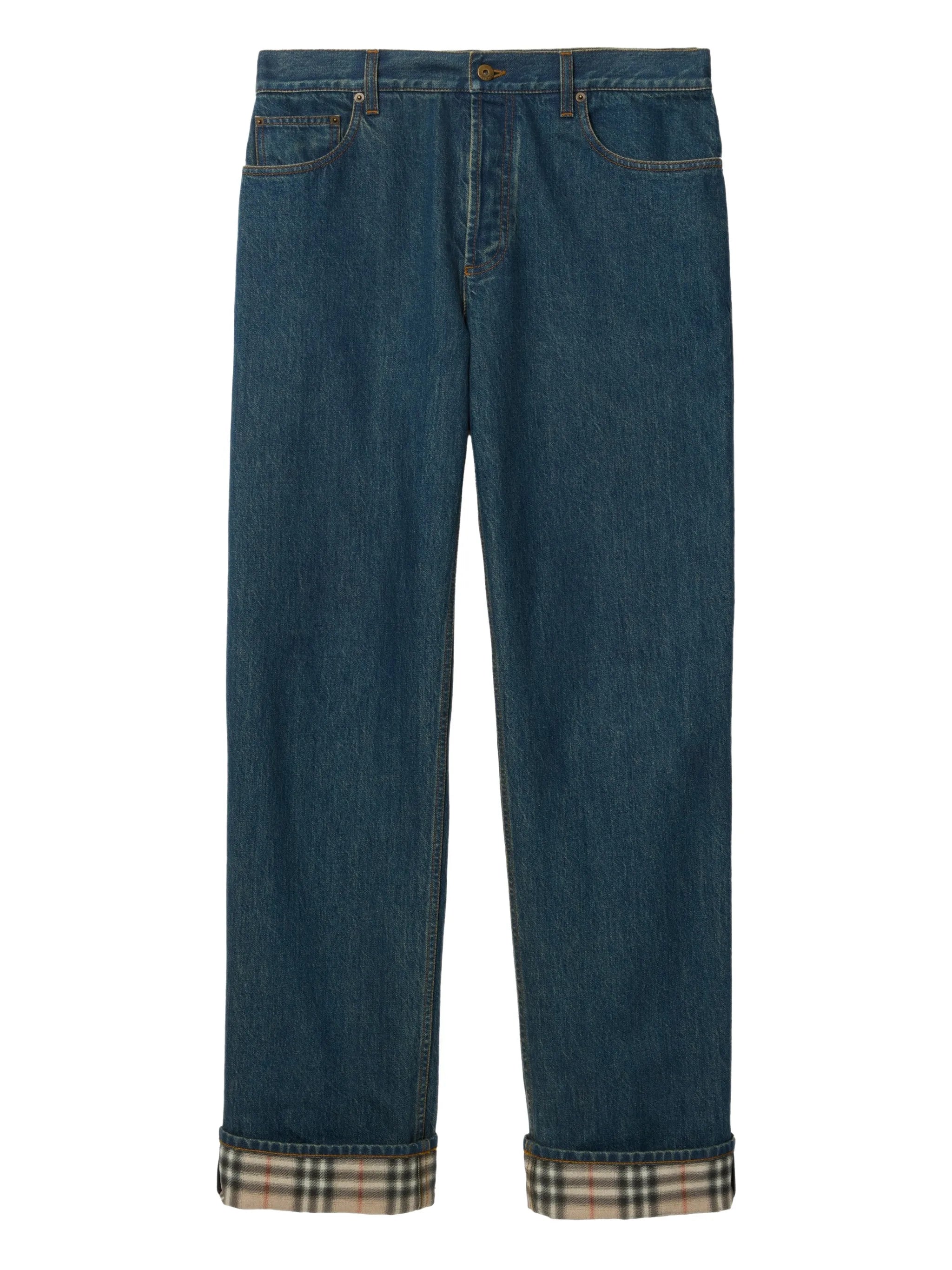 Check turn-up straight jeans