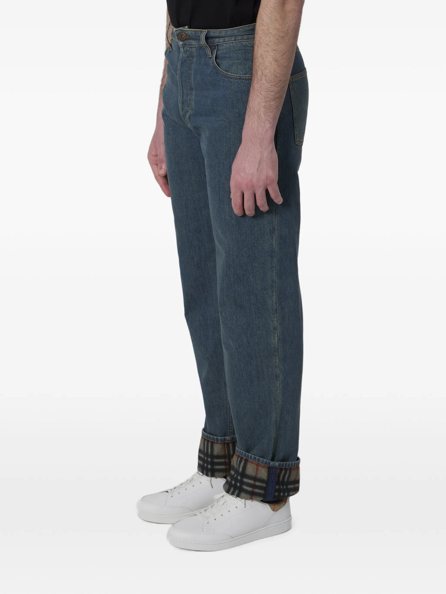 straight check turn-up jeans