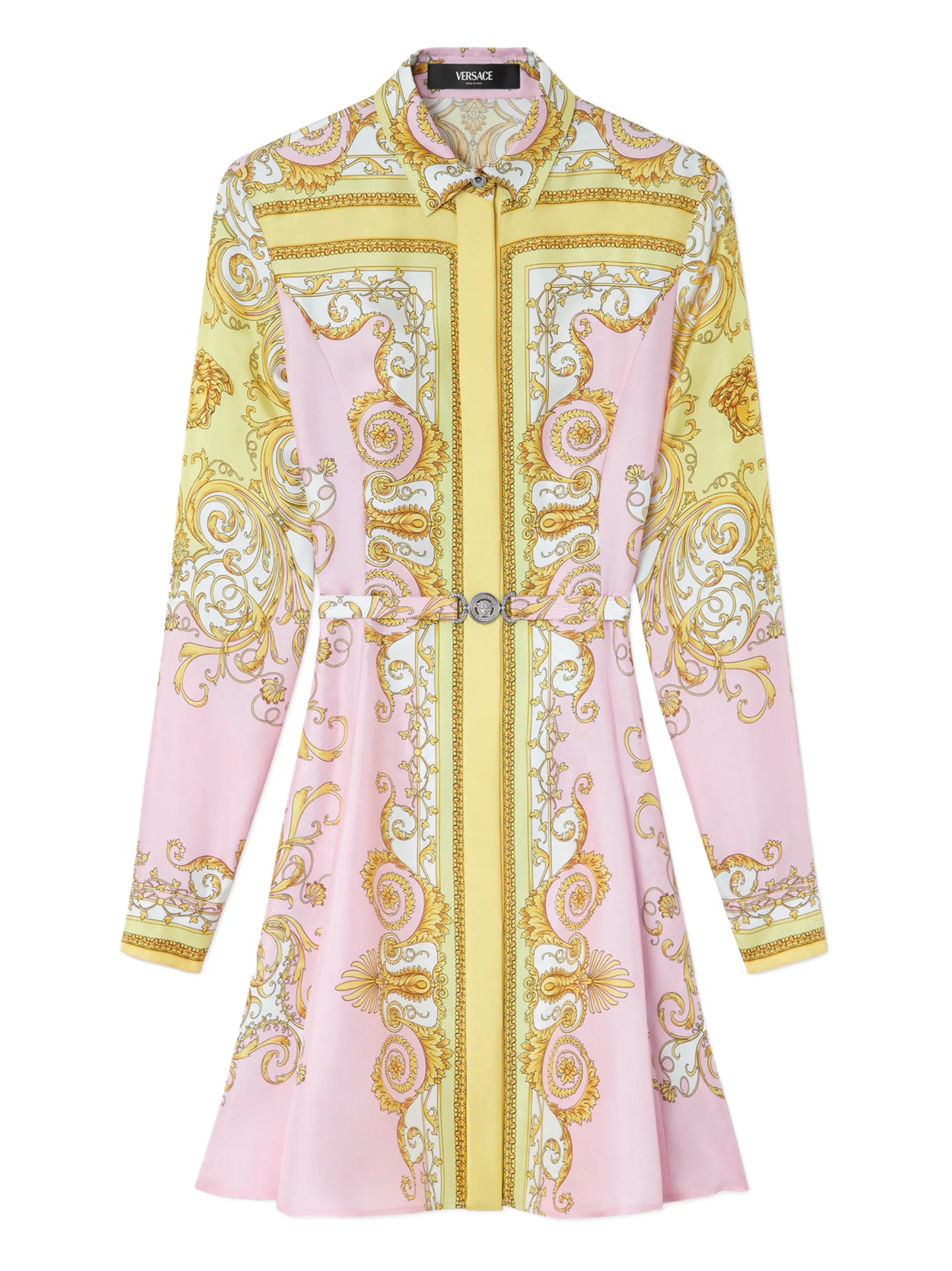 Baroque-print belted mini shirt dress