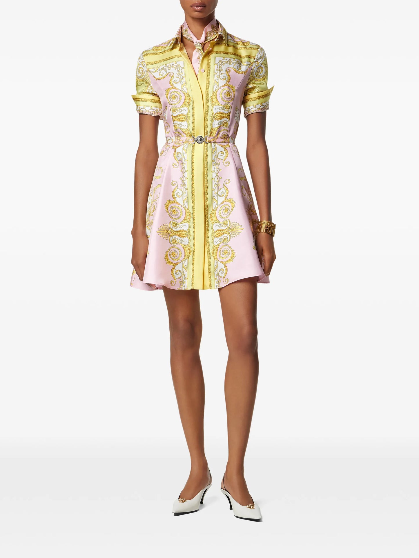 Baroque-print belted mini shirt dress