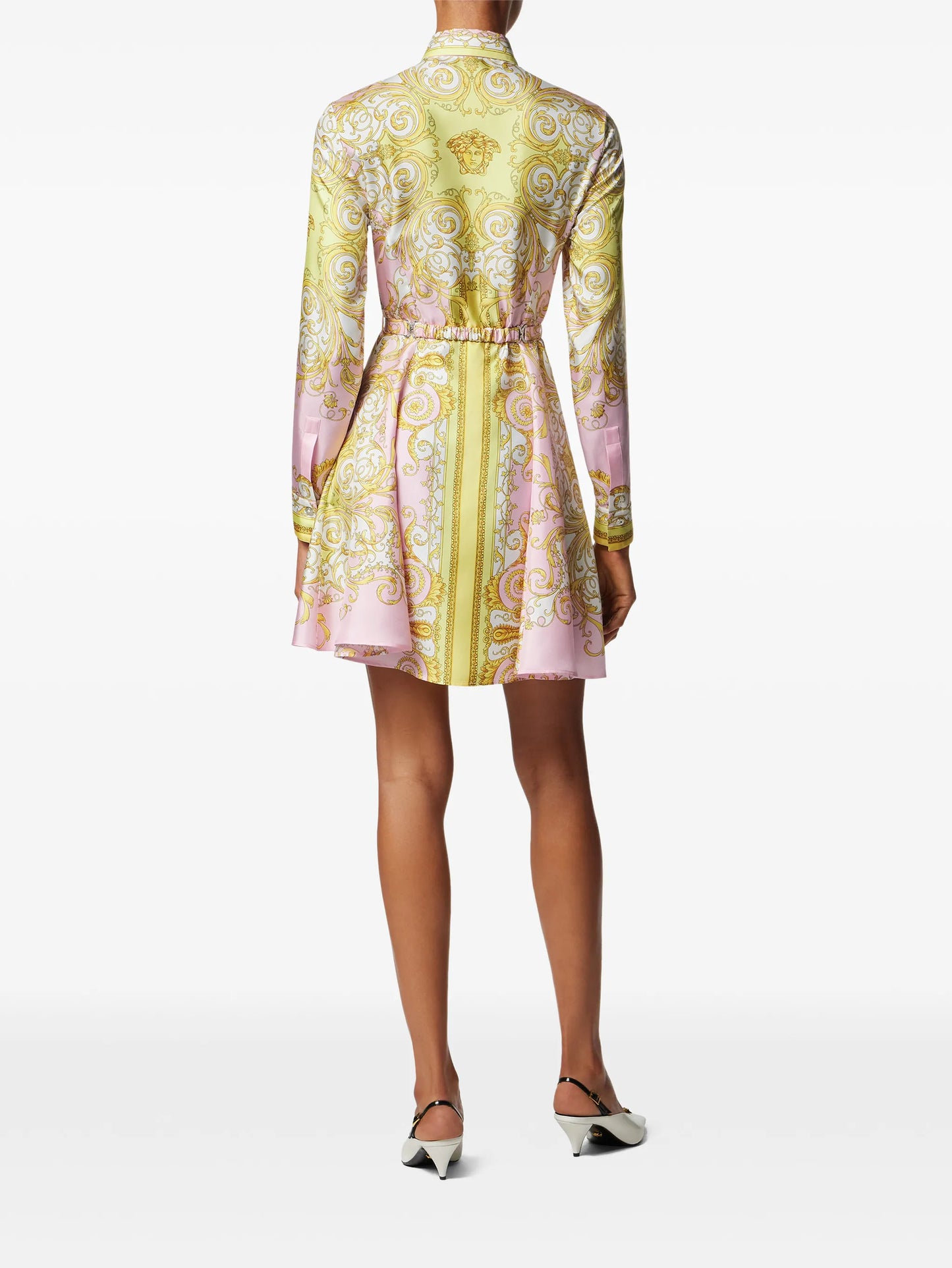Baroque-print belted mini shirt dress