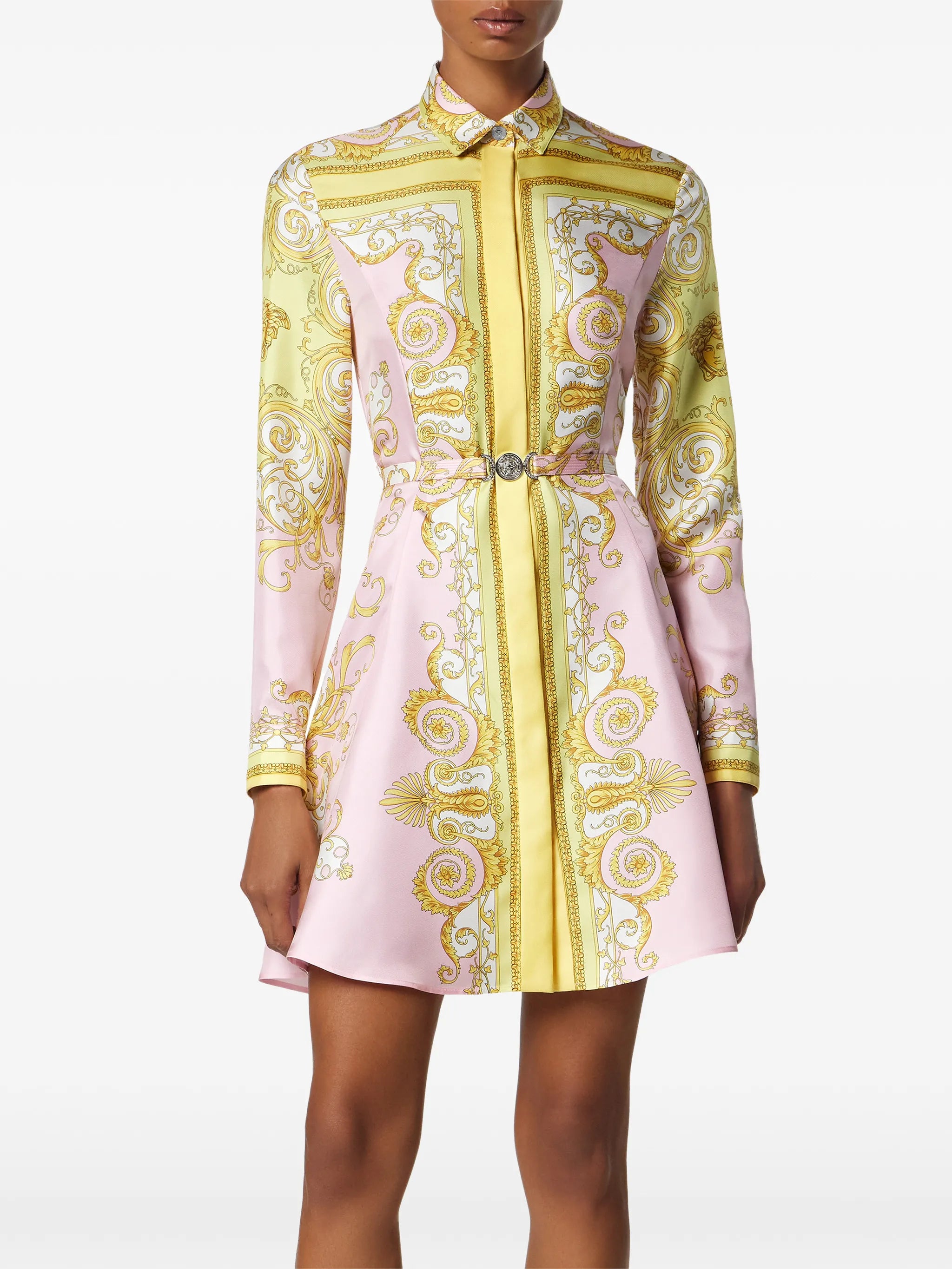 Baroque-print belted mini shirt dress