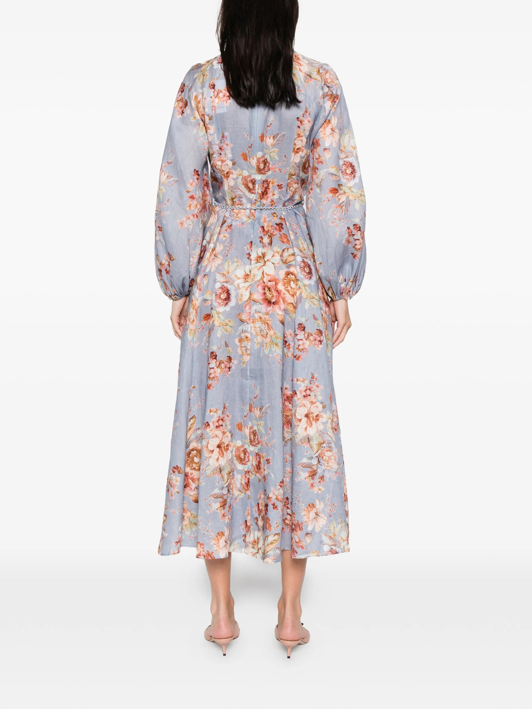 Awaken billow-sleeve floral midi dress