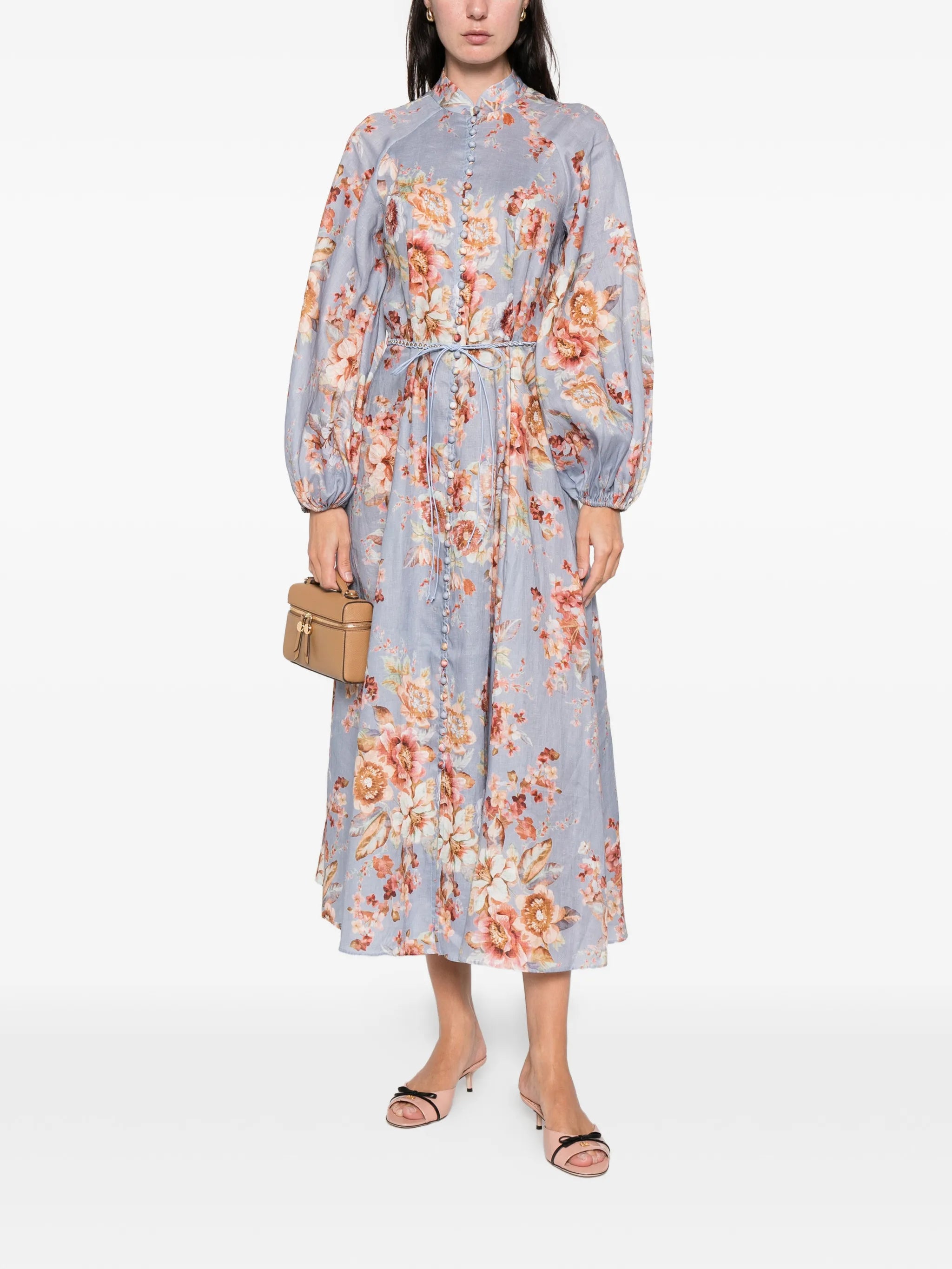 Awaken billow-sleeve floral midi dress