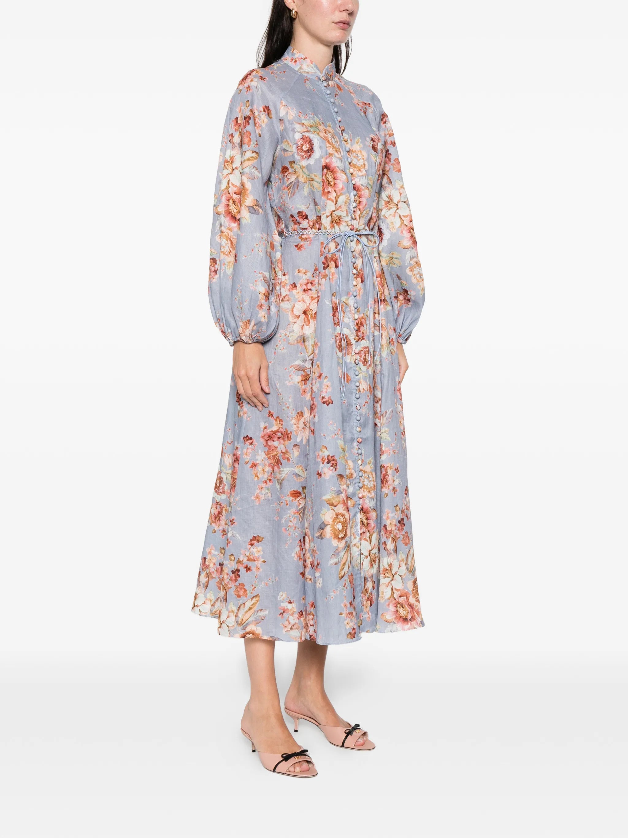 Awaken billow-sleeve floral midi dress