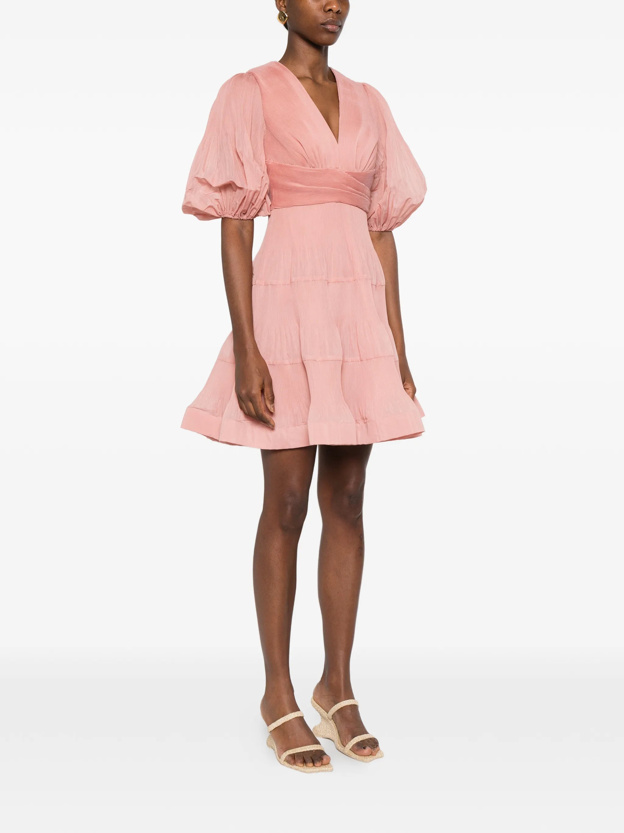 pleated V-neck mini dress