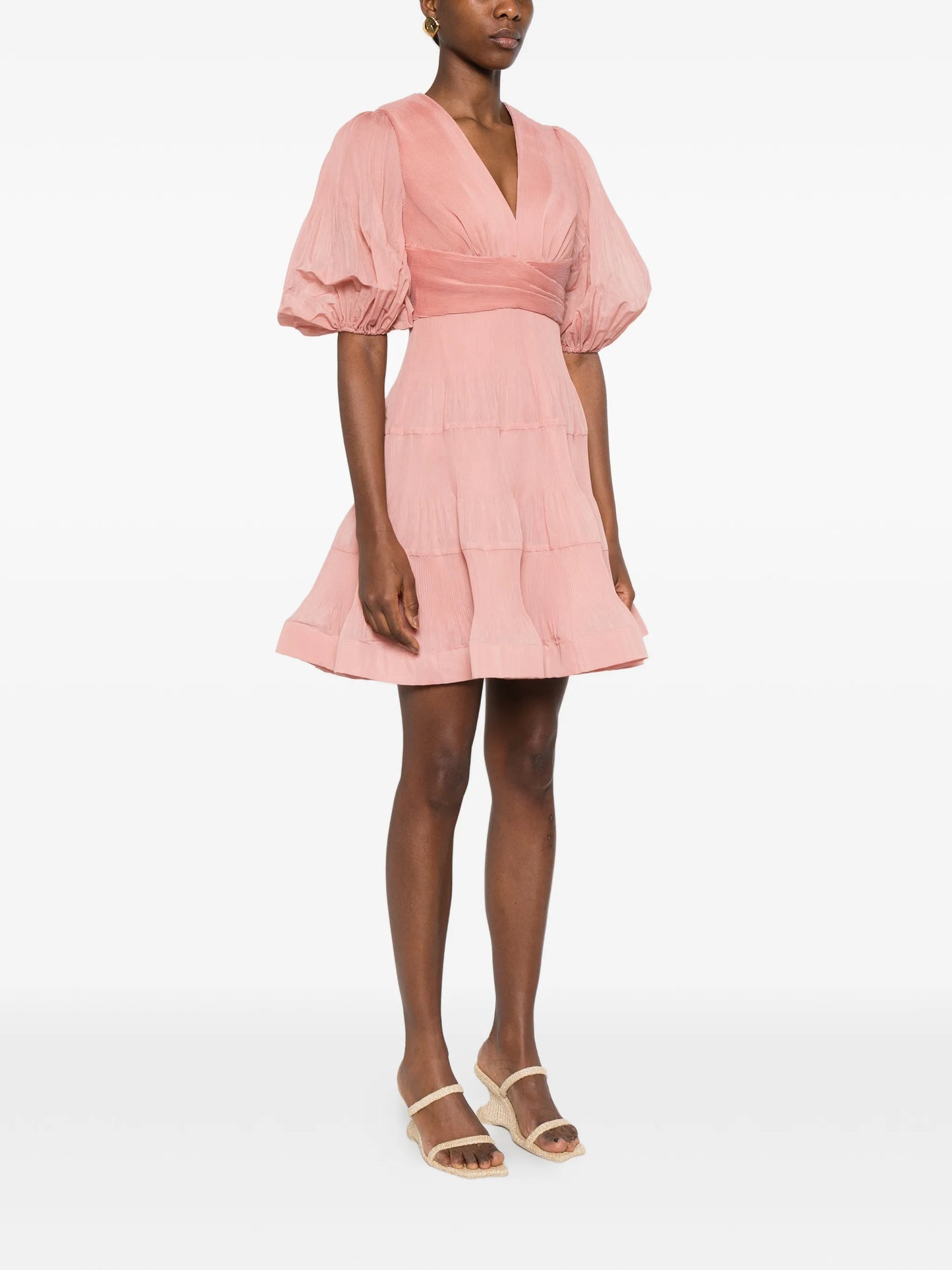 pleated V-neck mini dress