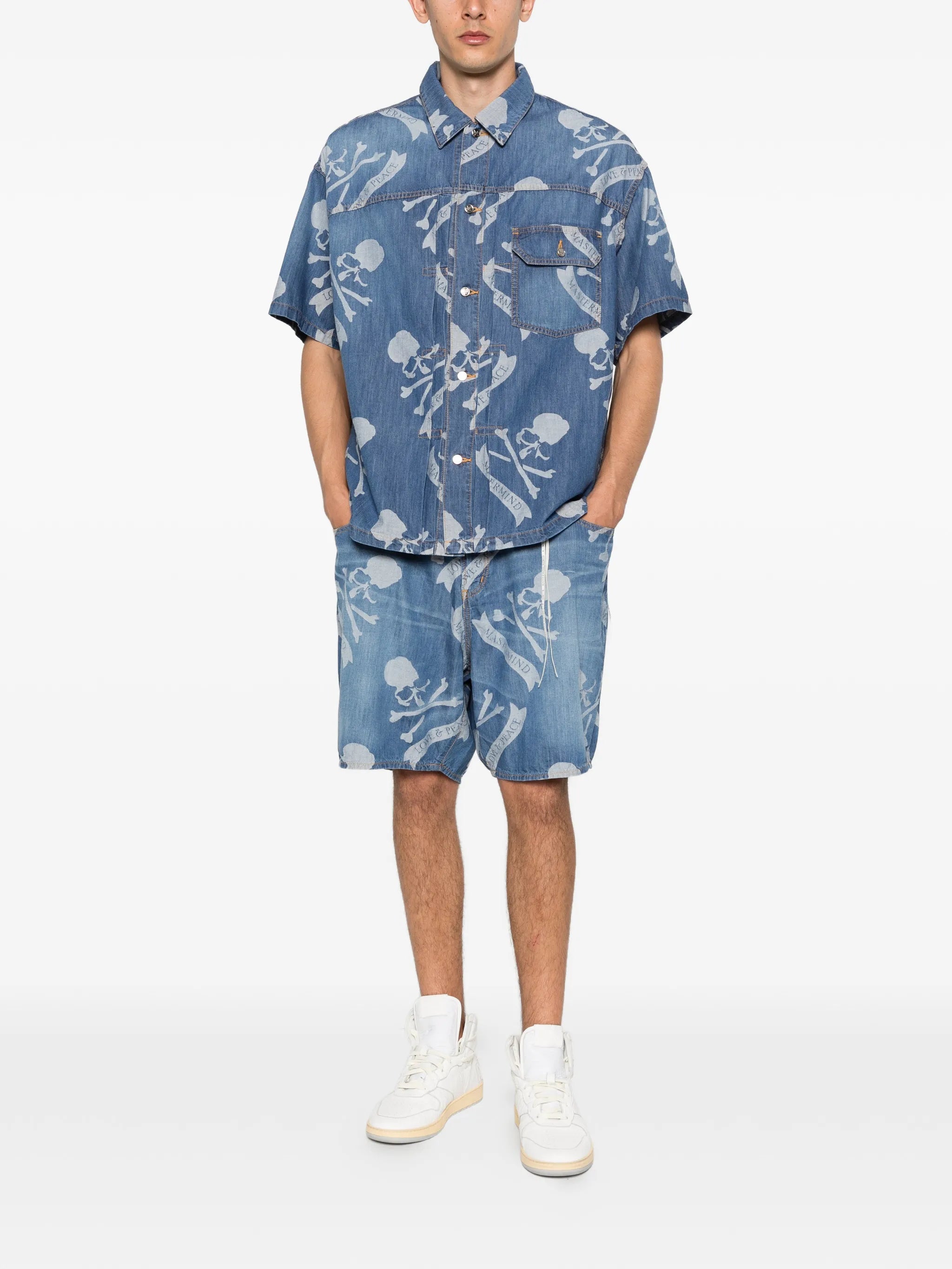 patterned denim shorts