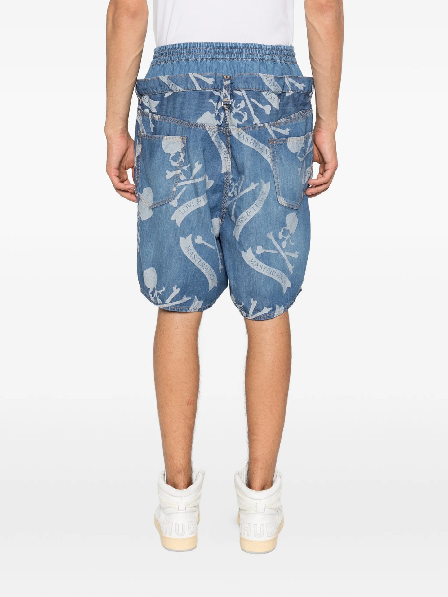 patterned denim shorts