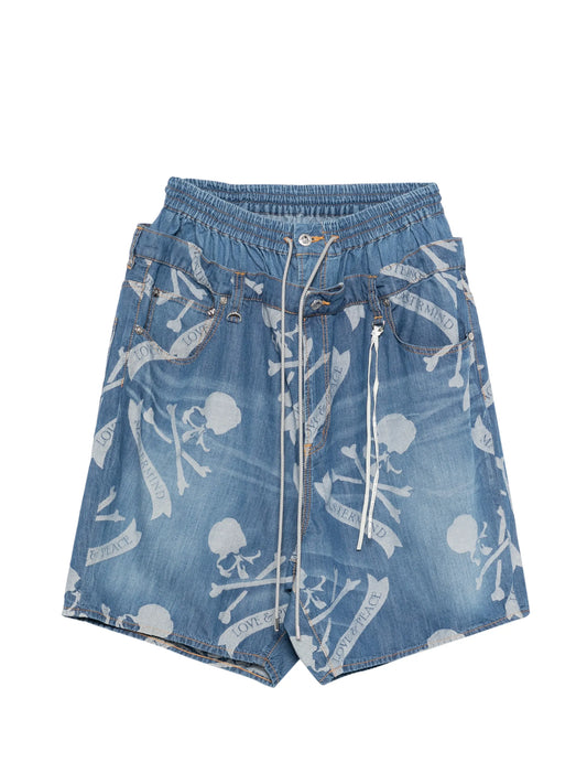 patterned denim shorts