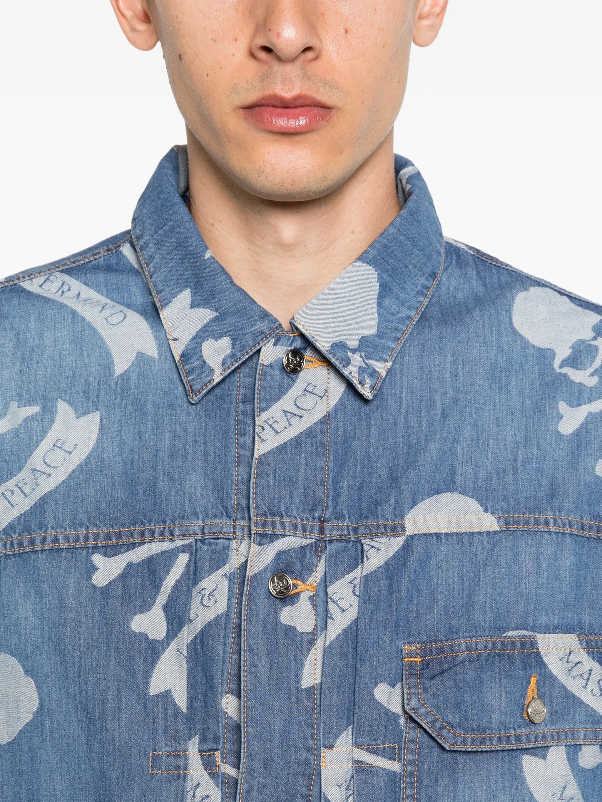 skull-print denim shirt