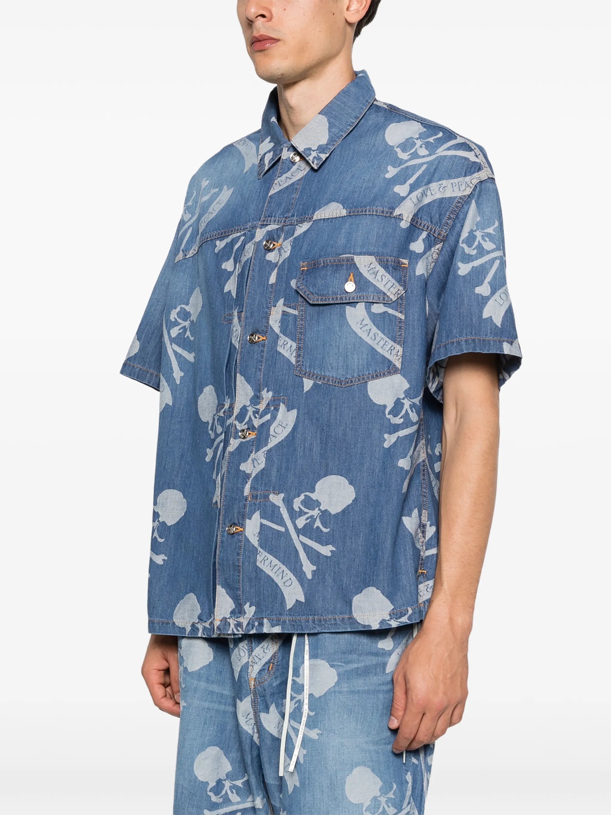skull-print denim shirt