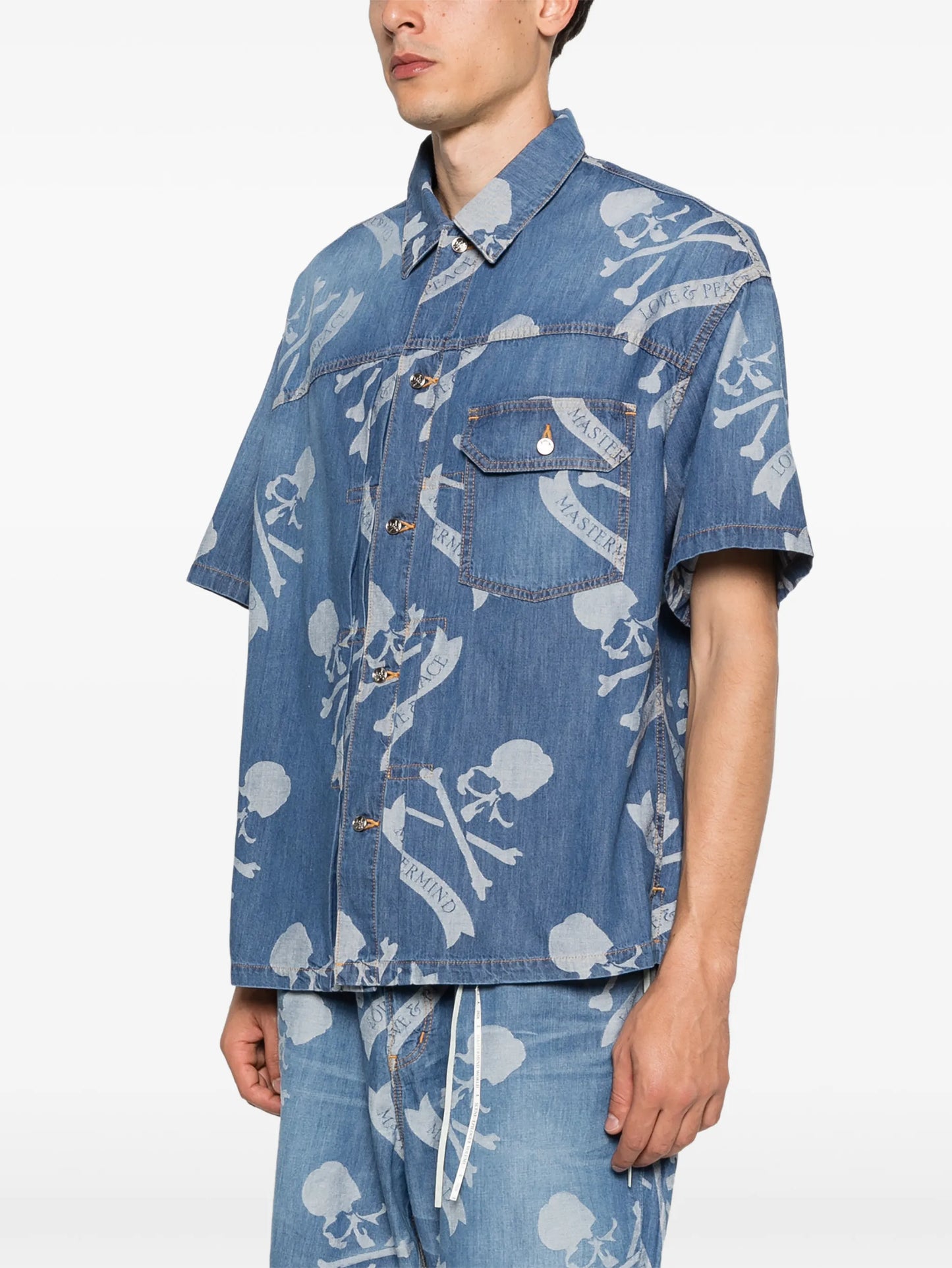 skull-print denim shirt