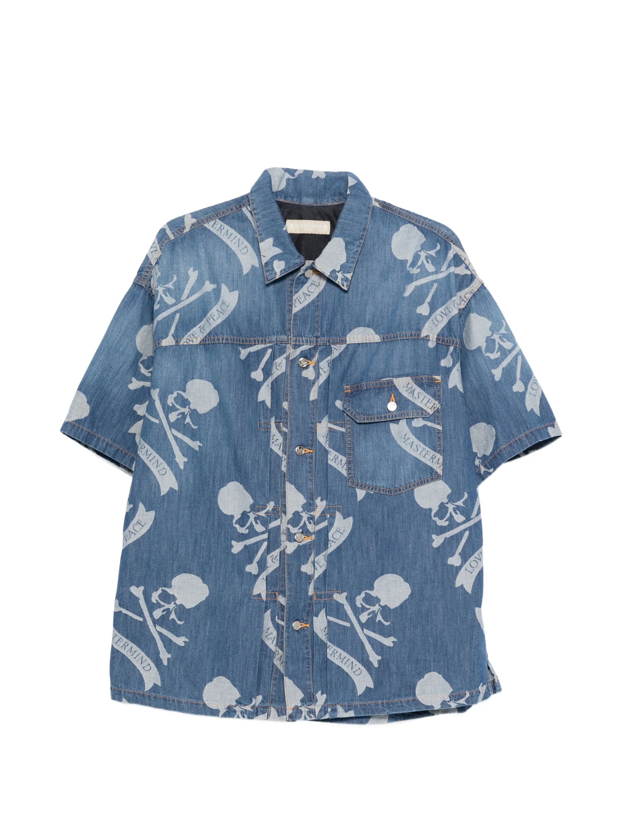 skull-print denim shirt