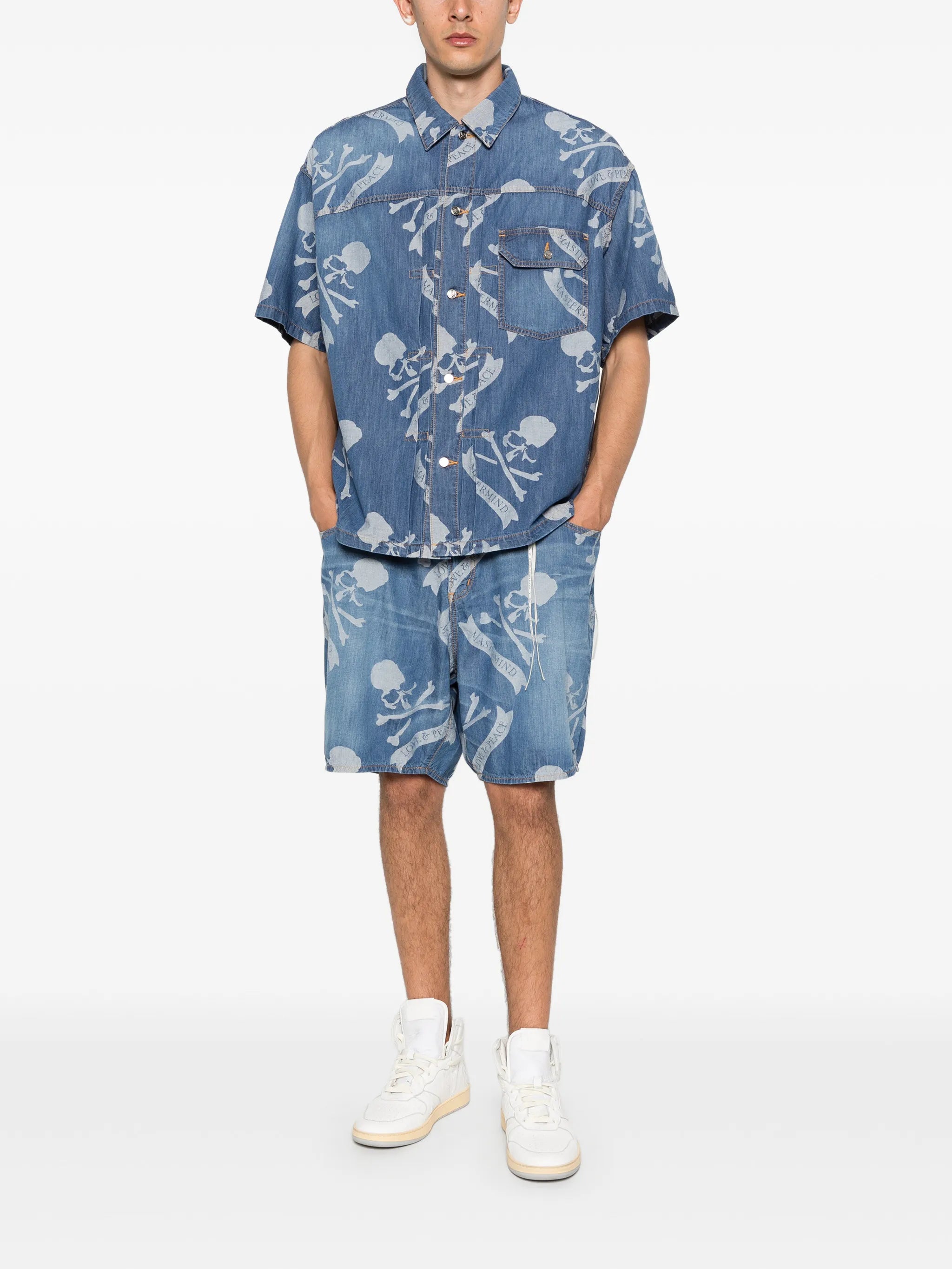 skull-print denim shirt