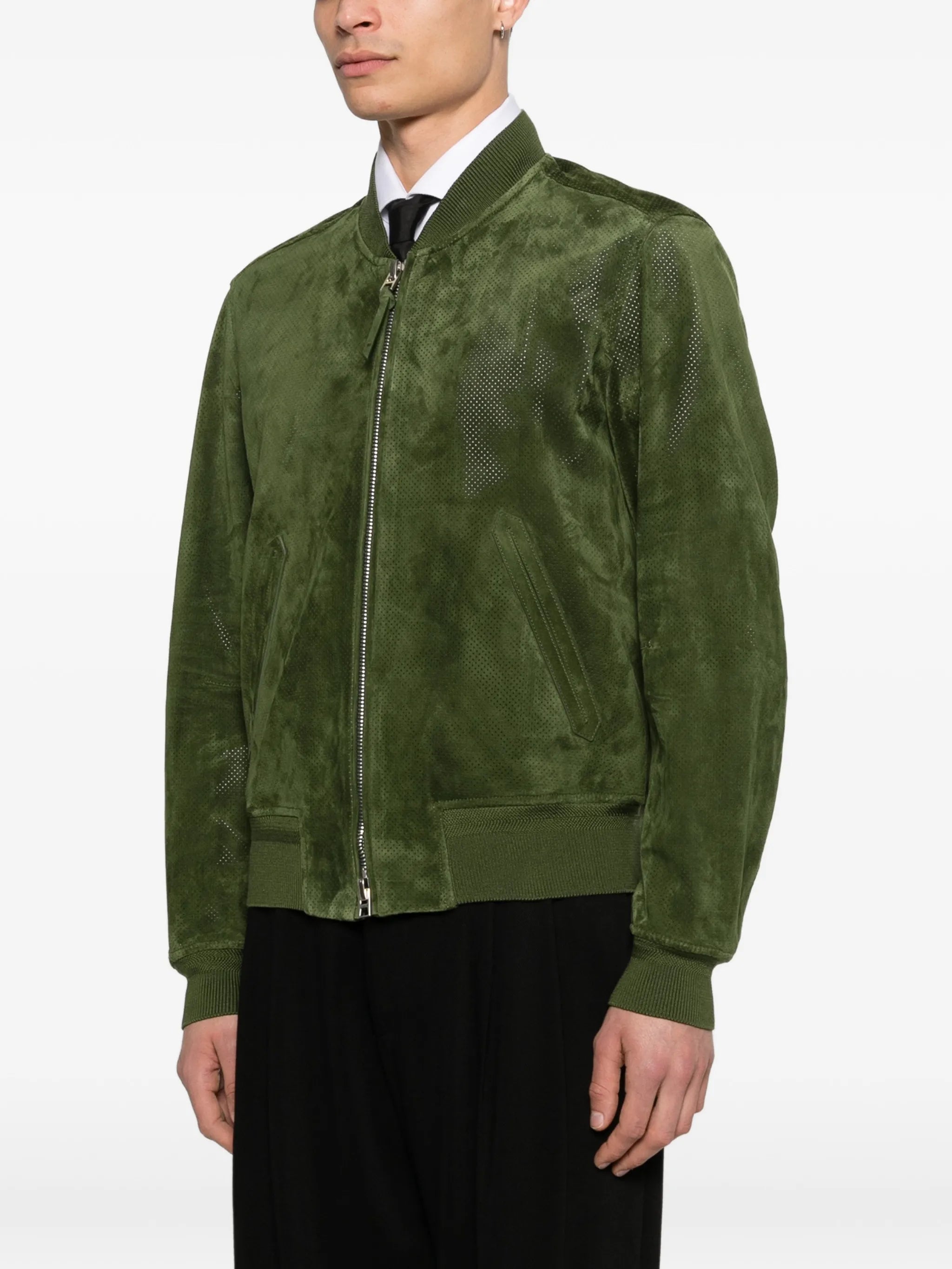 perforated cashmere suede bomber jacket