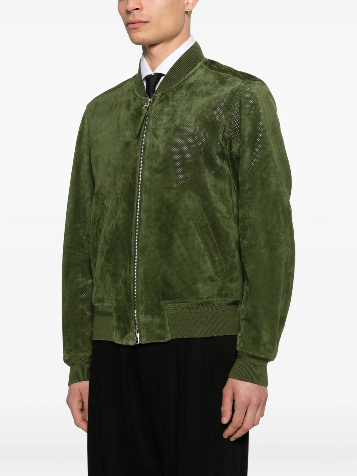 perforated cashmere suede bomber jacket