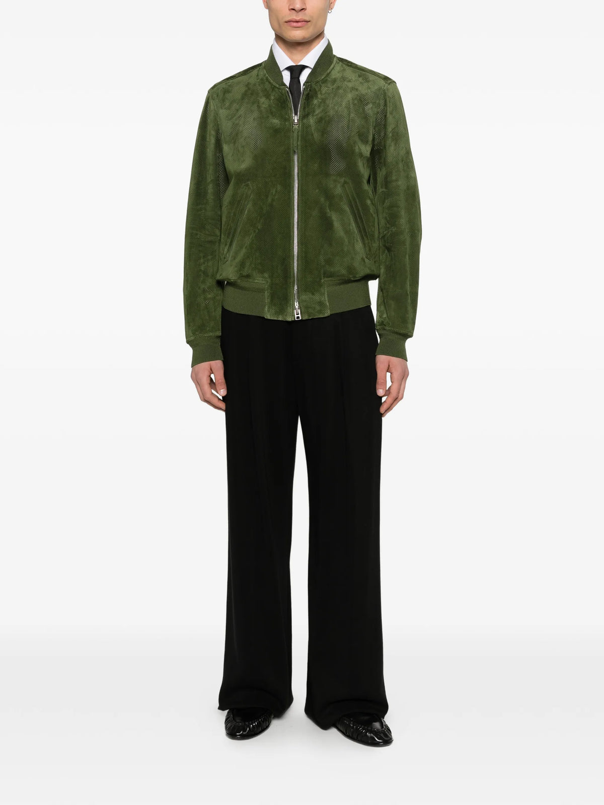 perforated cashmere suede bomber jacket
