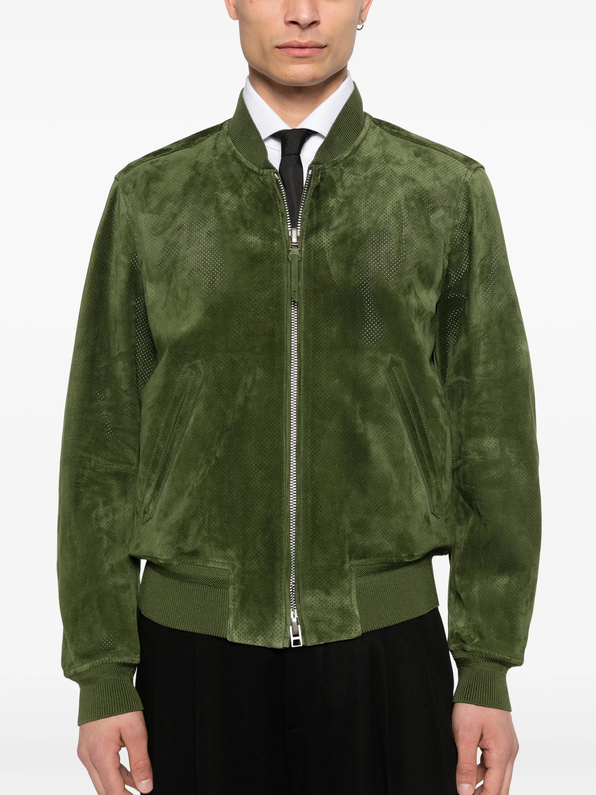 perforated cashmere suede bomber jacket