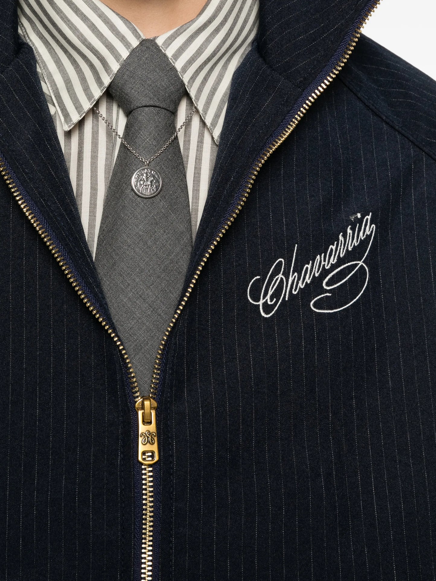 pinstripe-pattern zip-fastening jacket