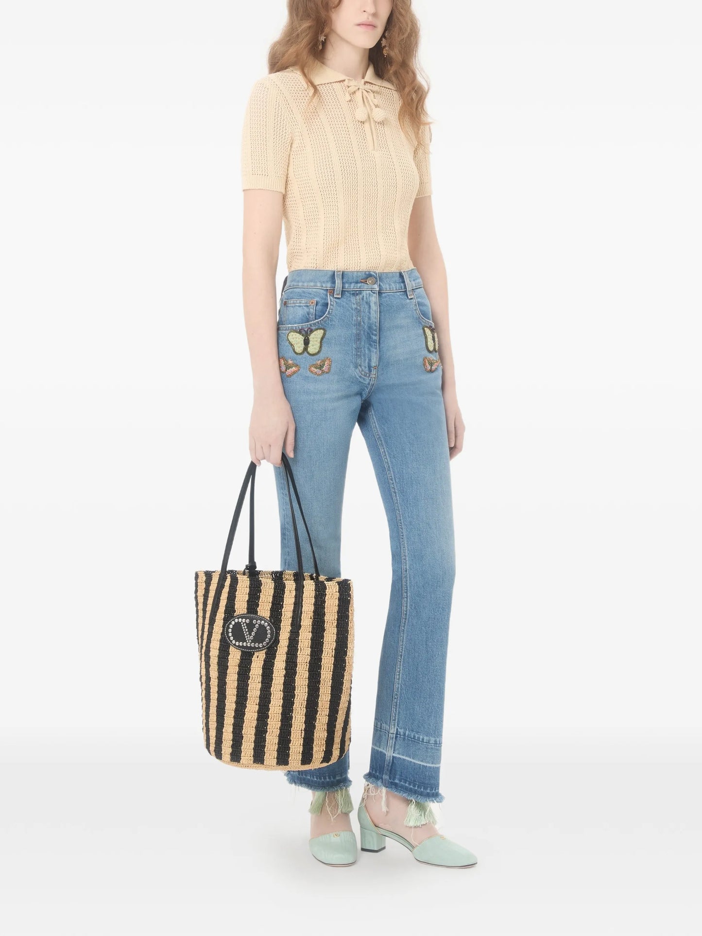 striped raffia shopping bag
