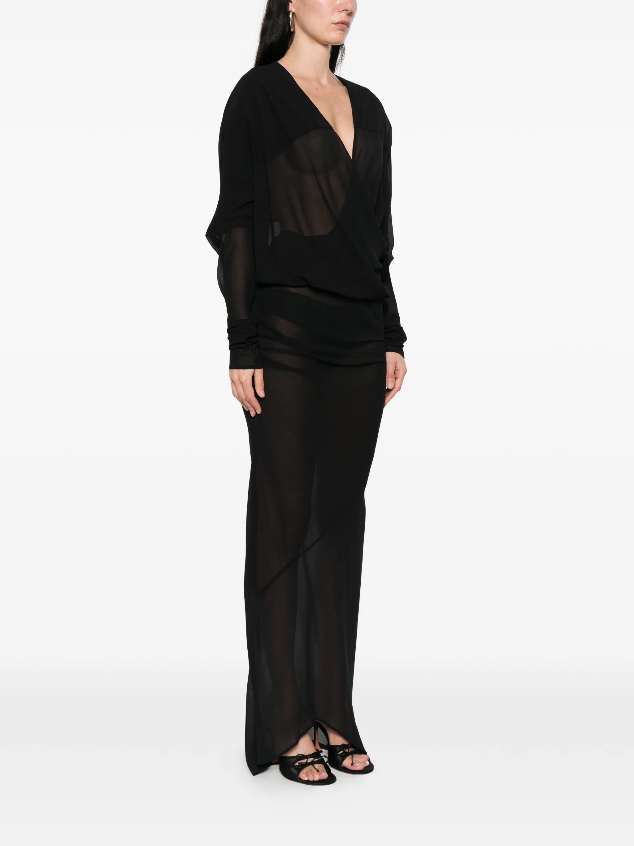 sheer-panel V-neck maxi wrap dress