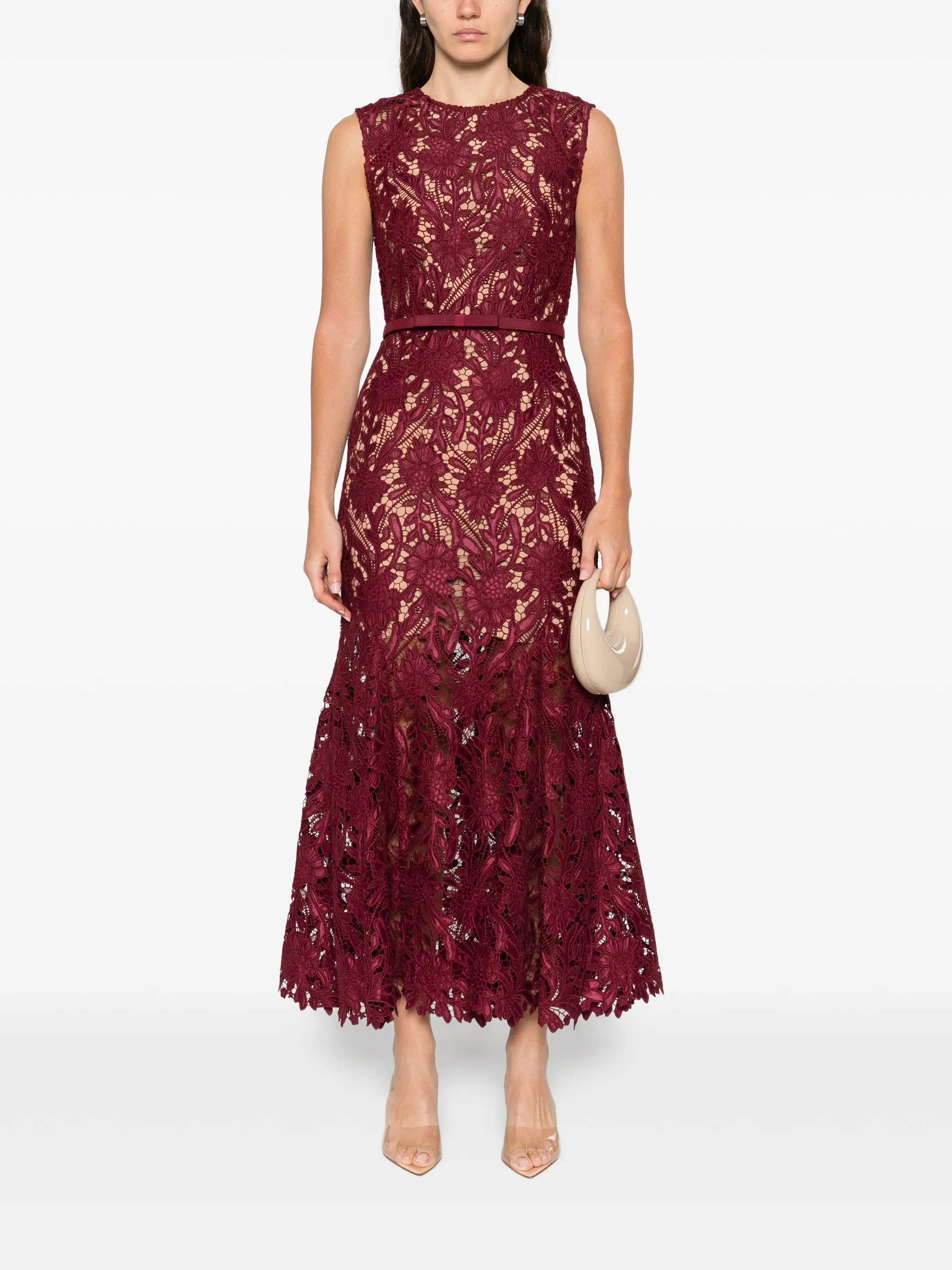 lace belted maxi dress