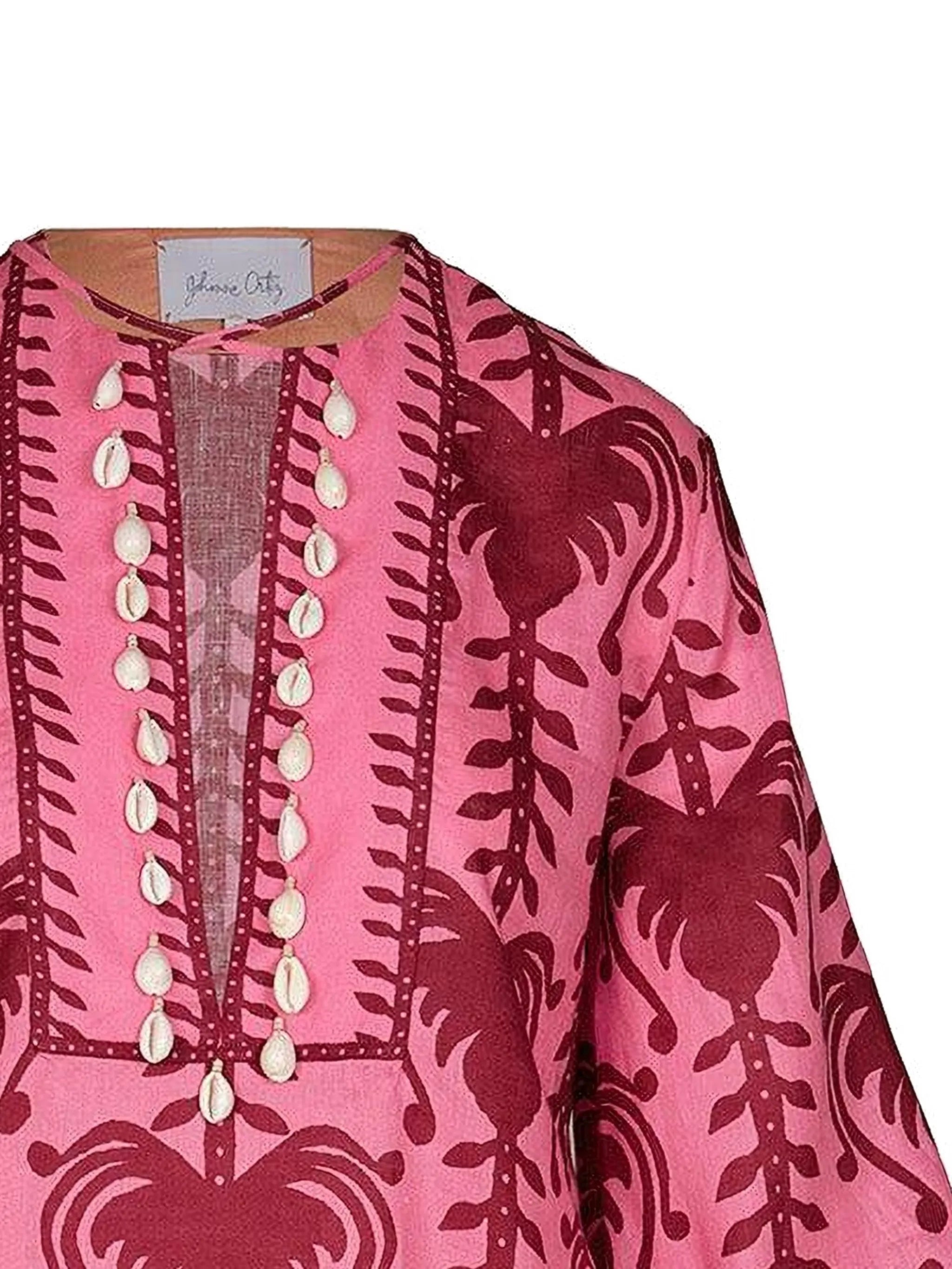 shell-embellished printed tunic dress