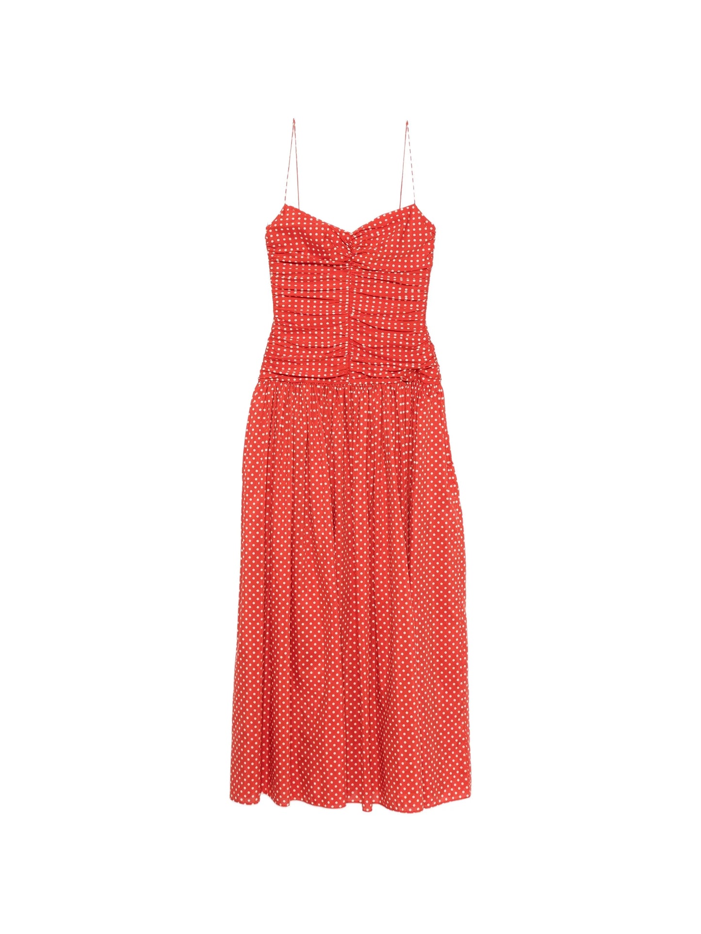 gathered polka dot midi dress
