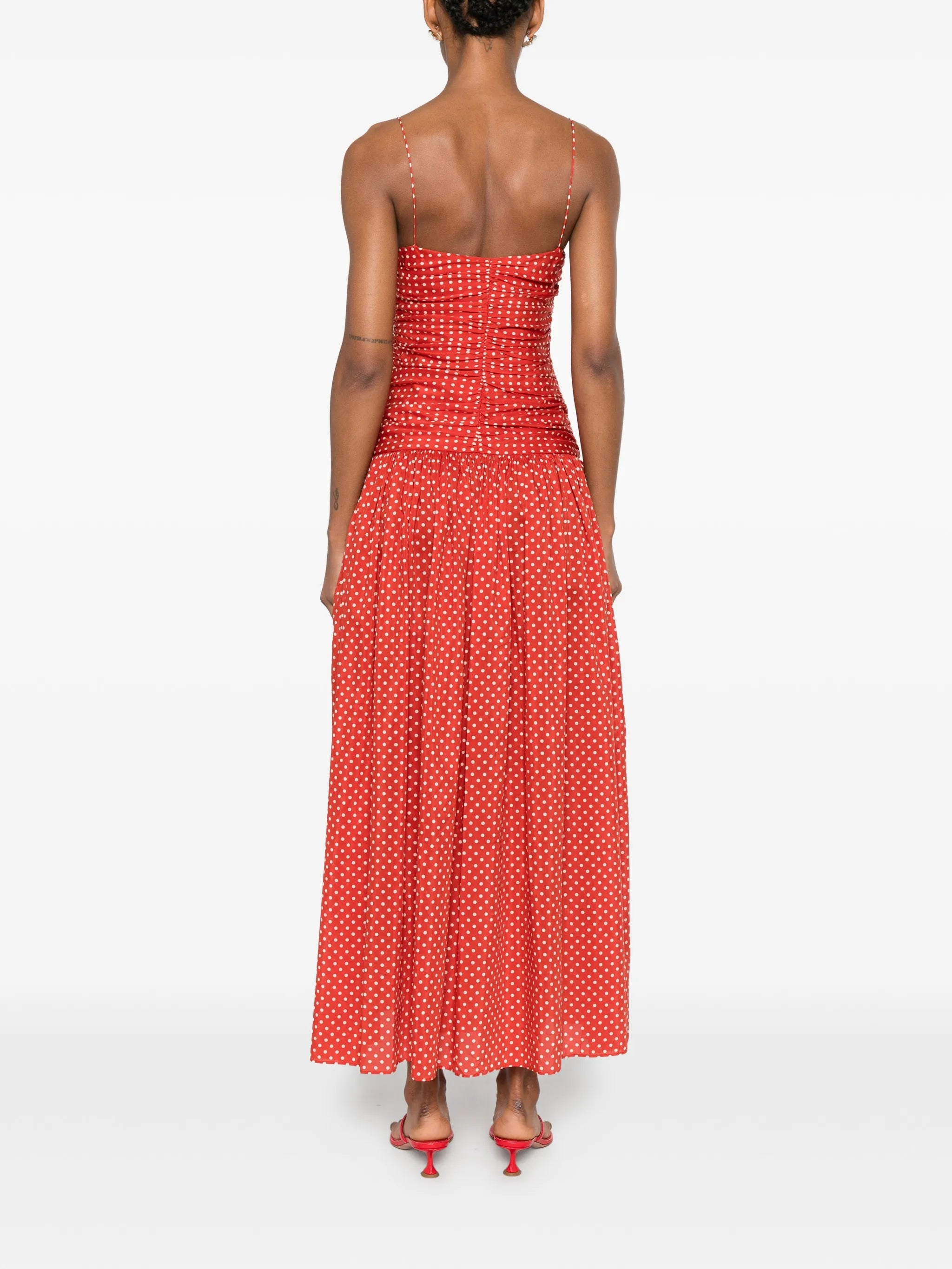 gathered polka dot midi dress