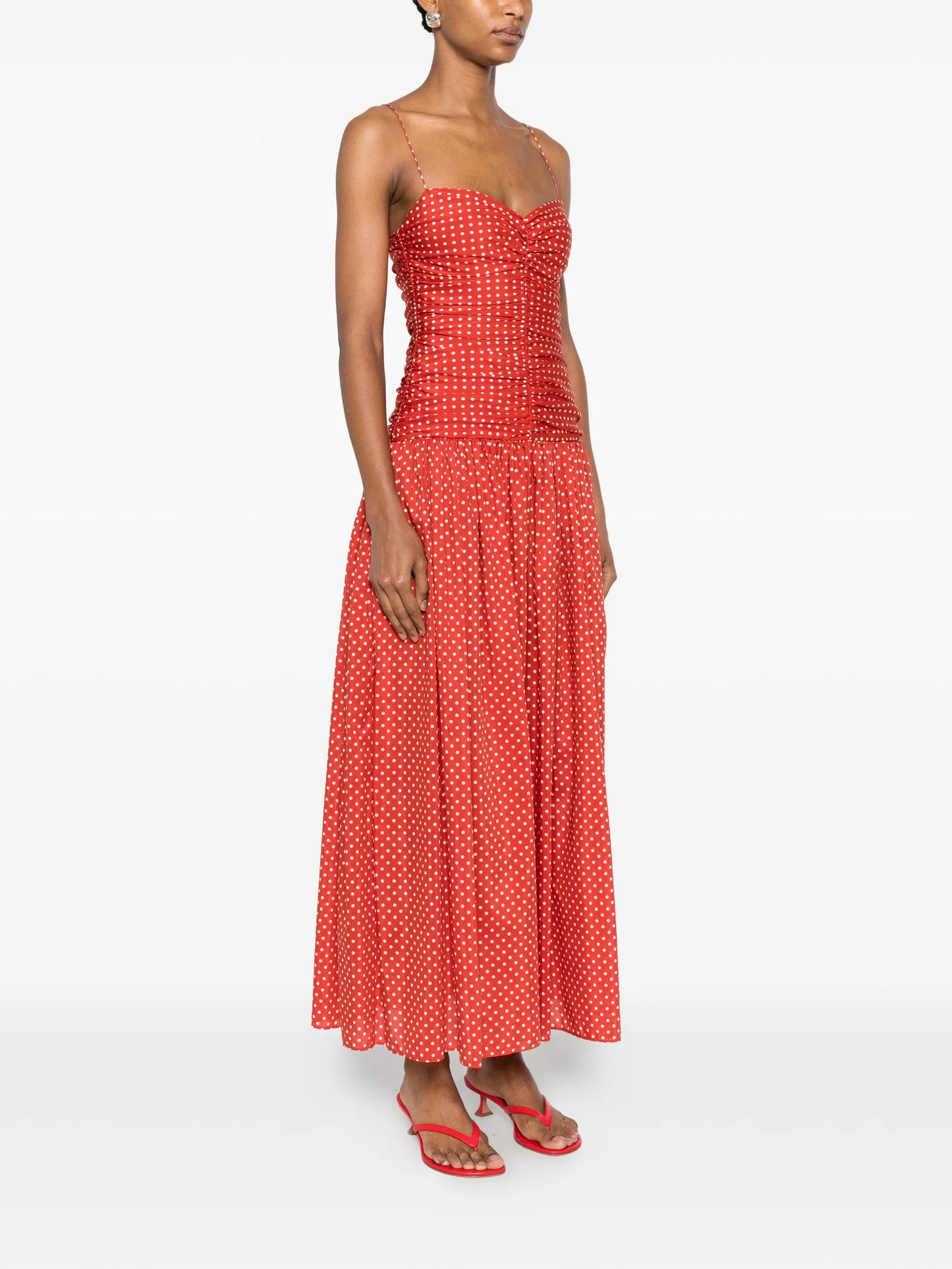 gathered polka dot midi dress