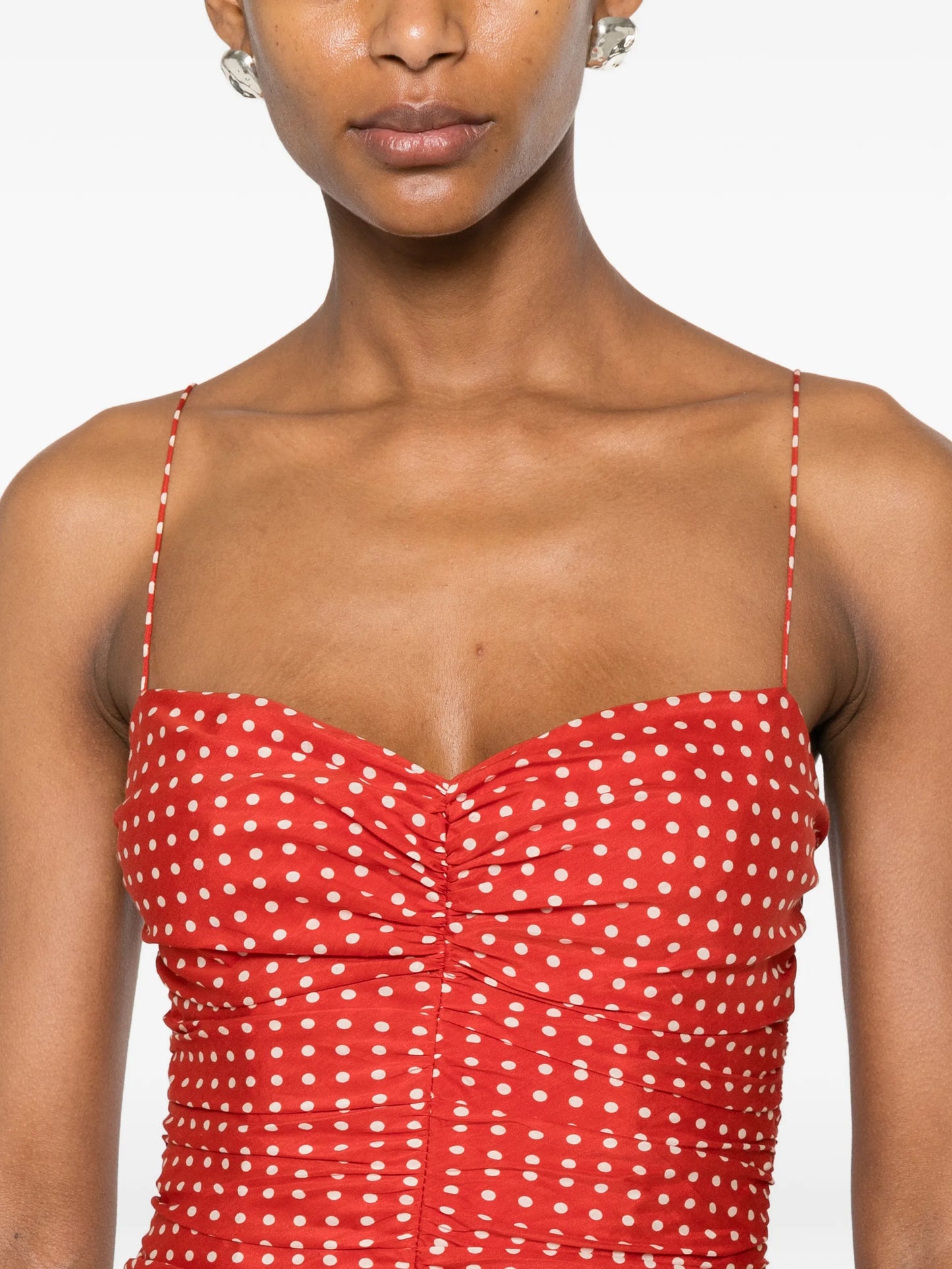 gathered polka dot midi dress