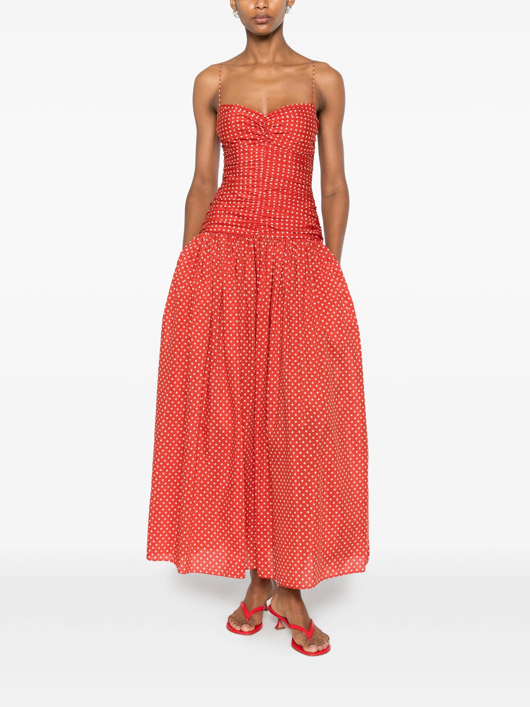 gathered polka dot midi dress