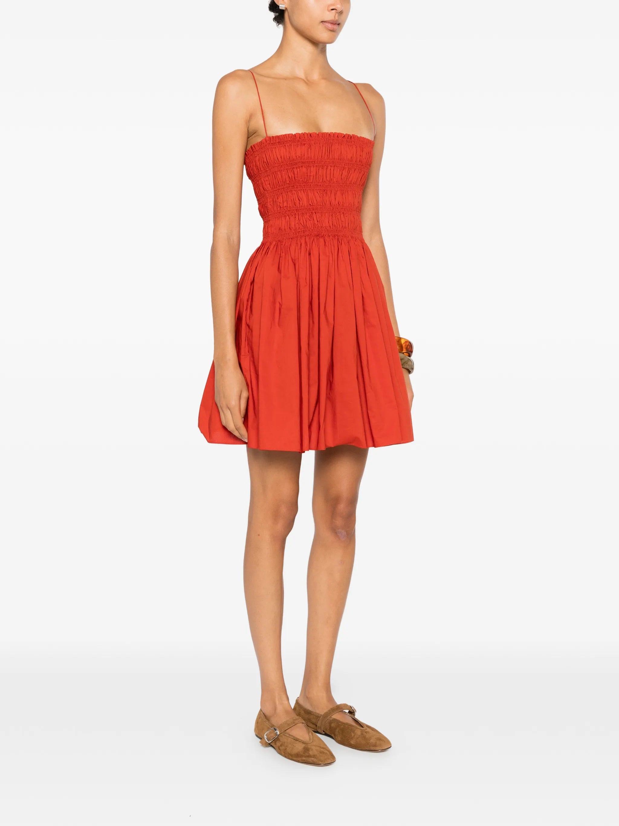 shirred-bodice spaghetti-straps cotton mini dress