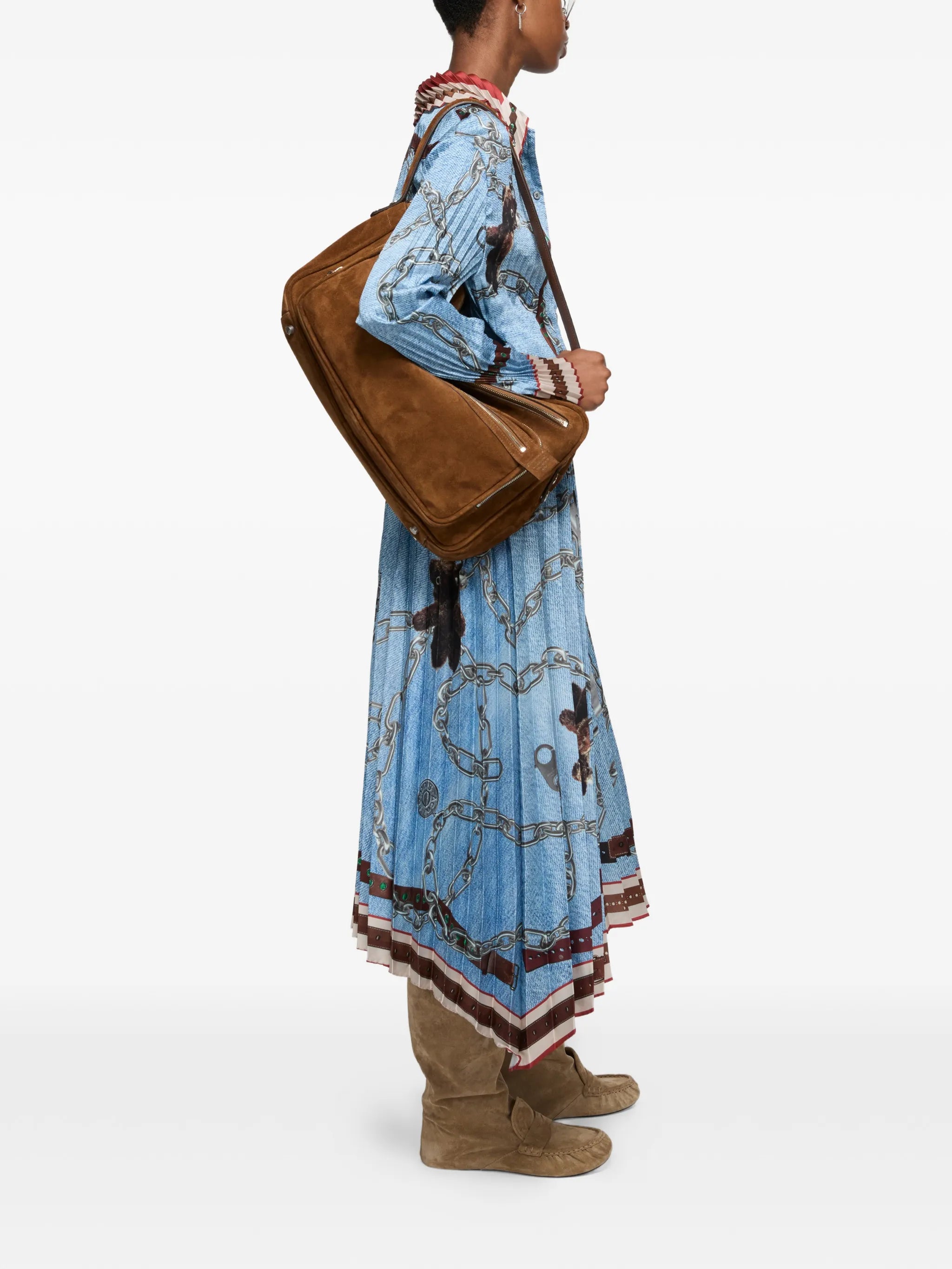 pleated chain-print midi skirt