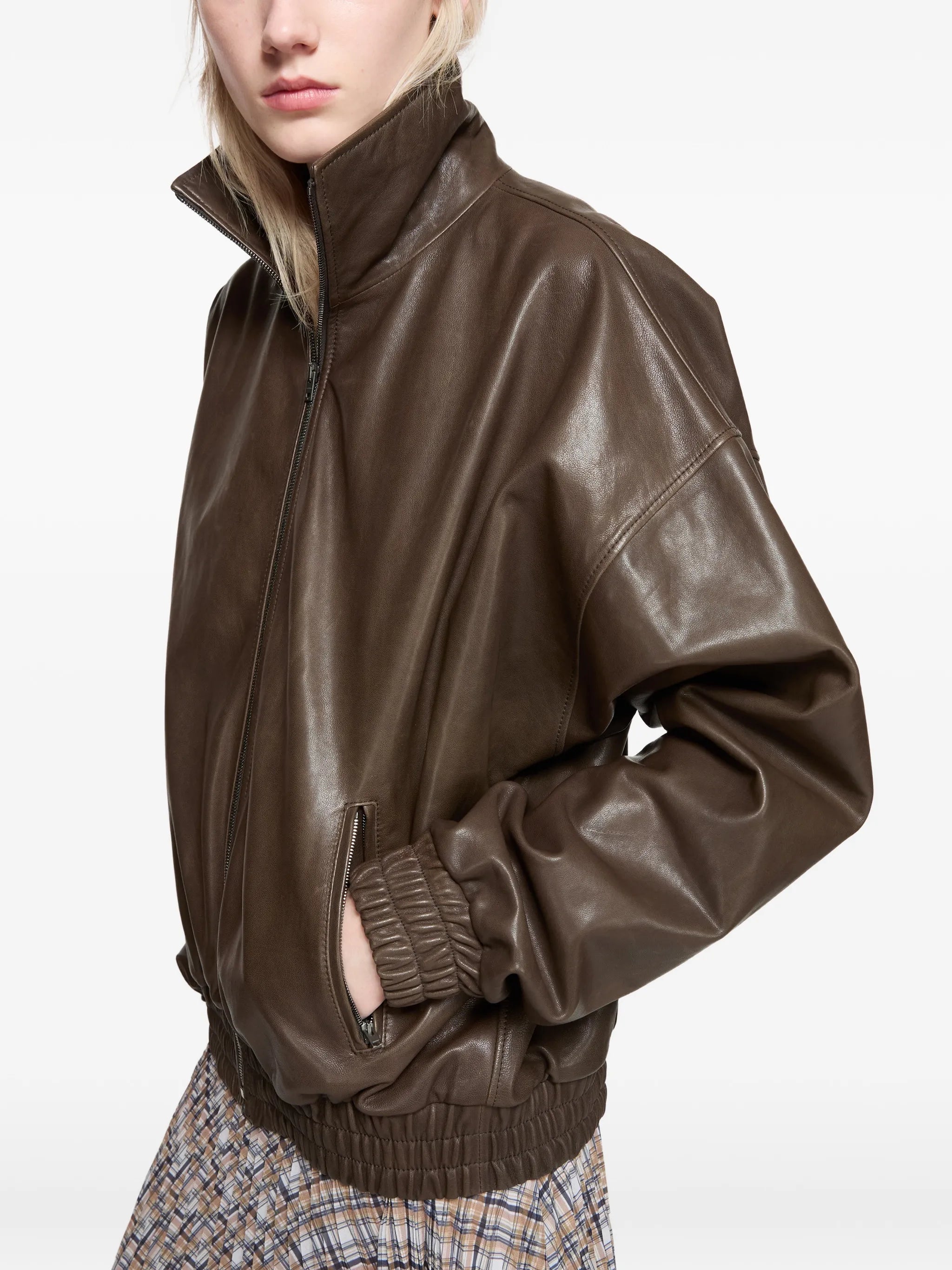 funneled zip leather jacket