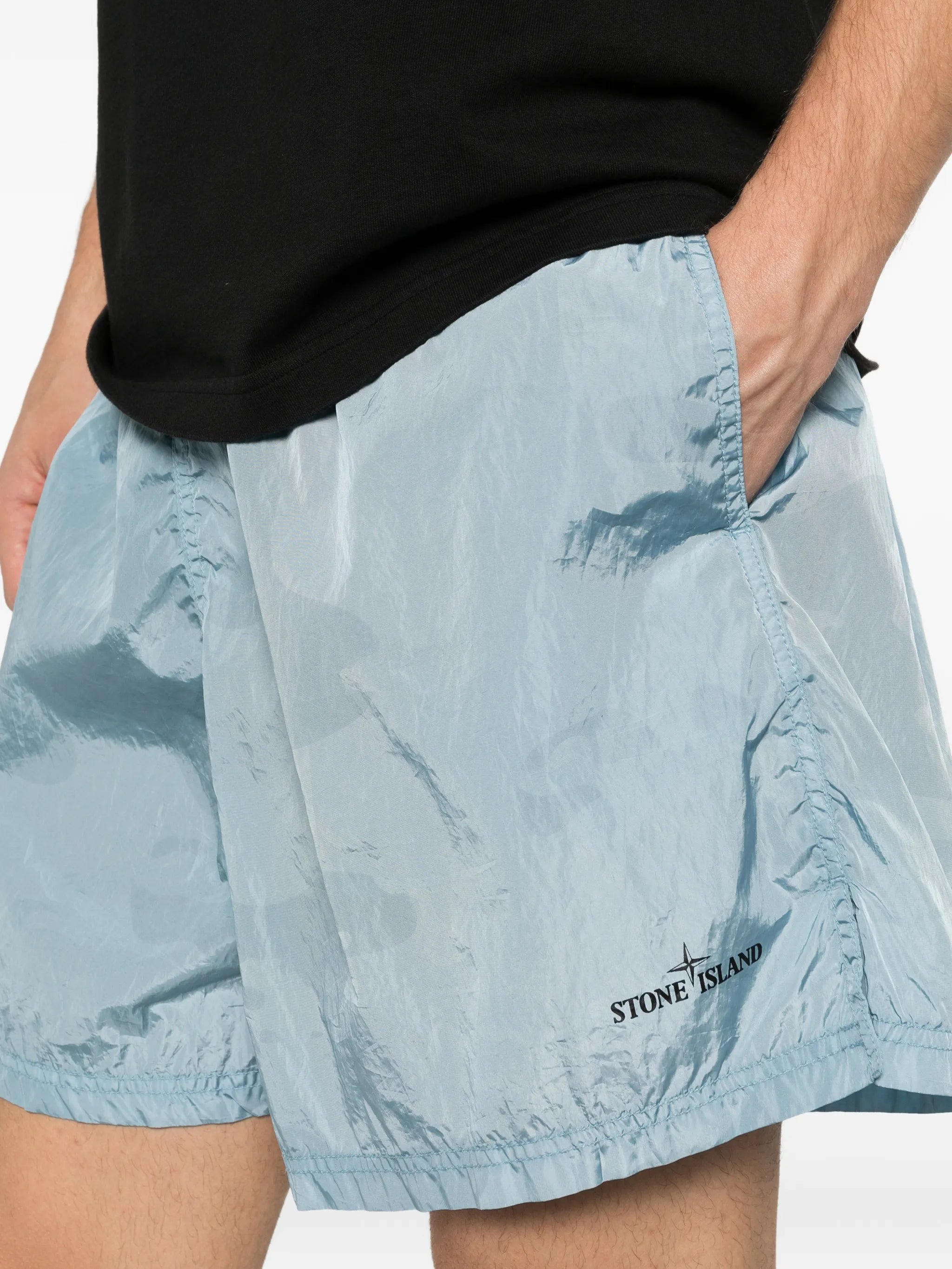 B100002 water reactive faded camo shiny nylon shorts