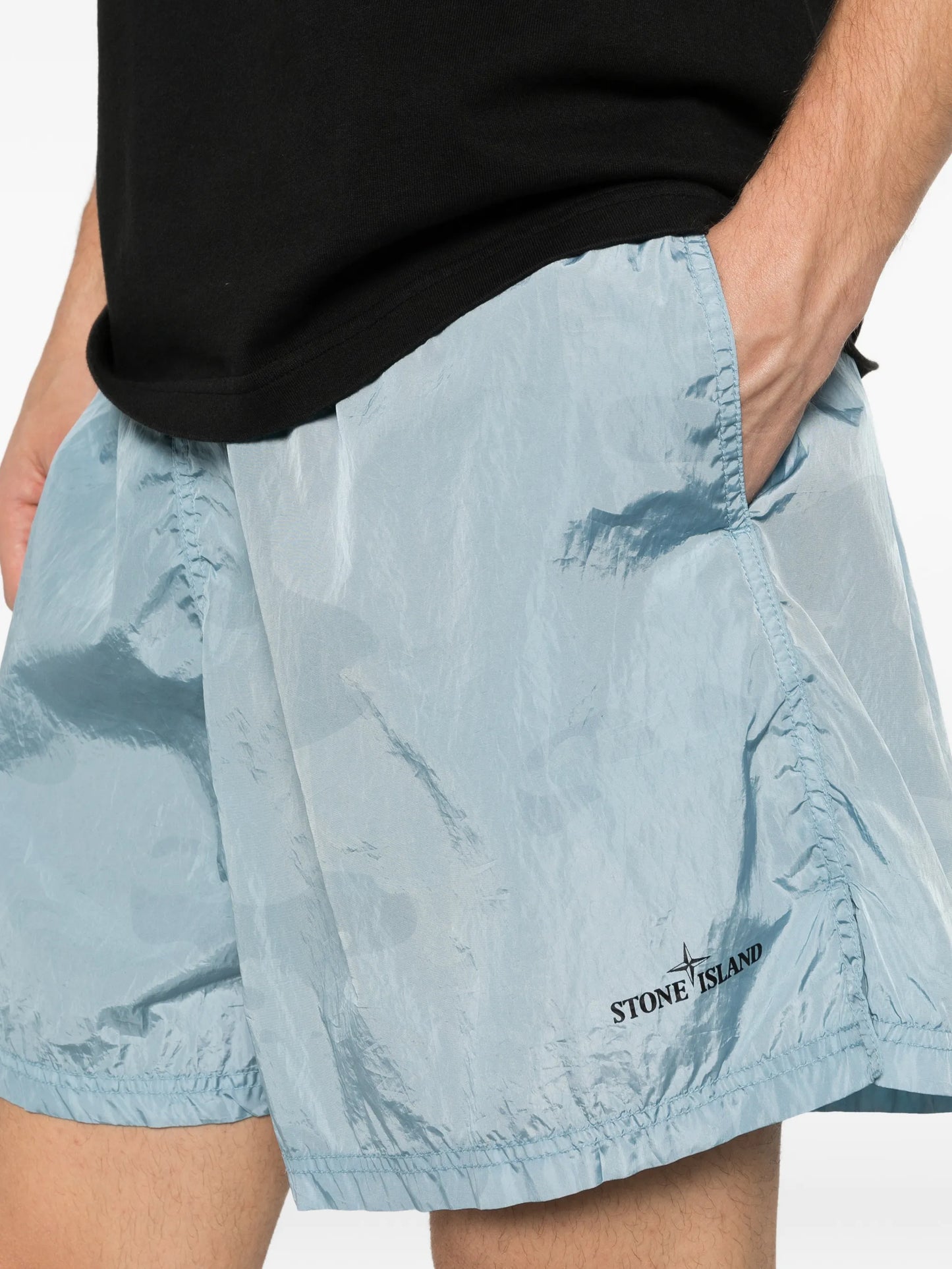 B100002 water reactive faded camo shiny nylon shorts