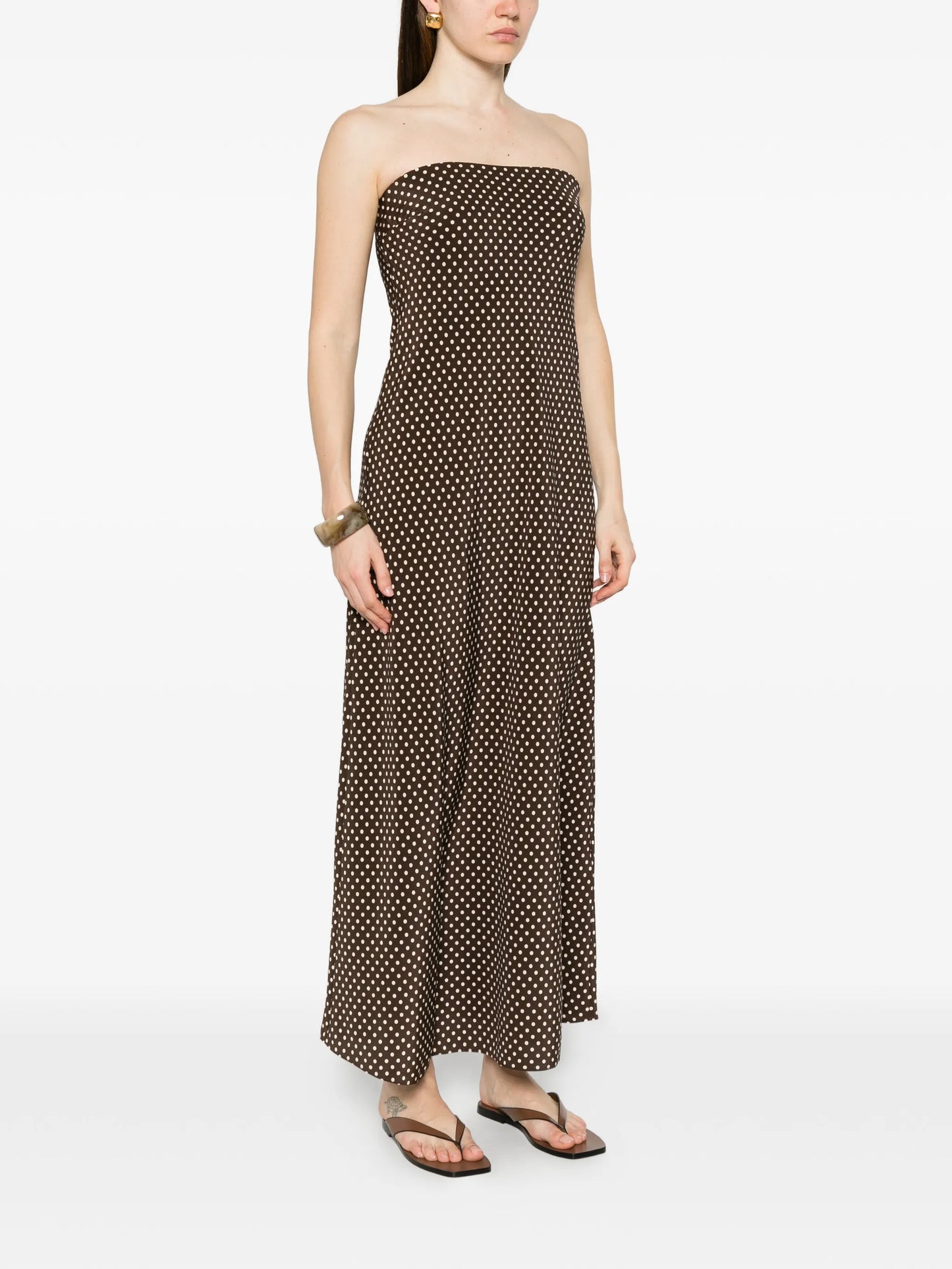 Bias polka-dot strapless maxi dress