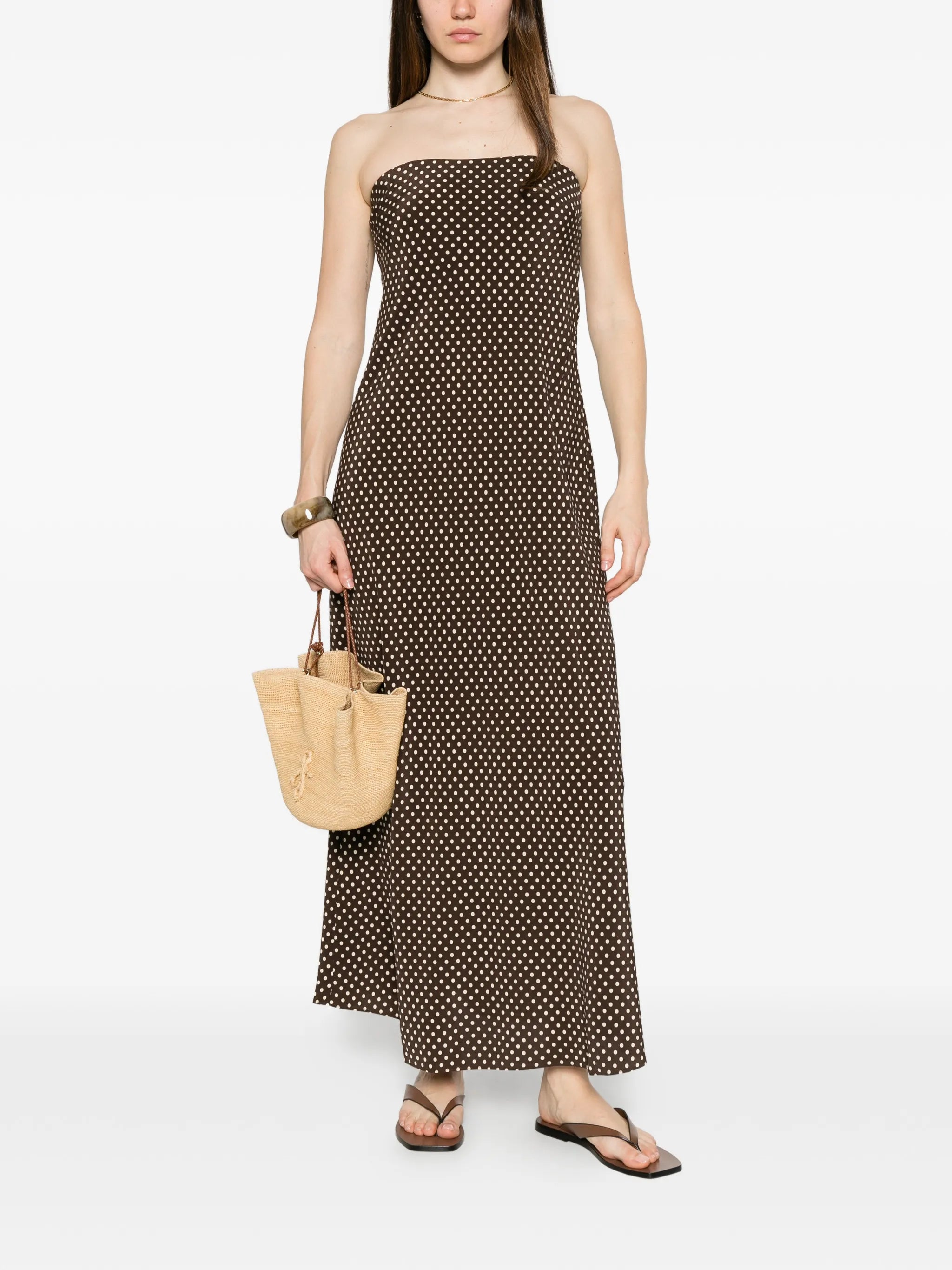 Bias polka-dot strapless maxi dress