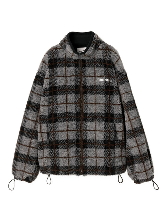 checked-pattern teddy-fleece jacket