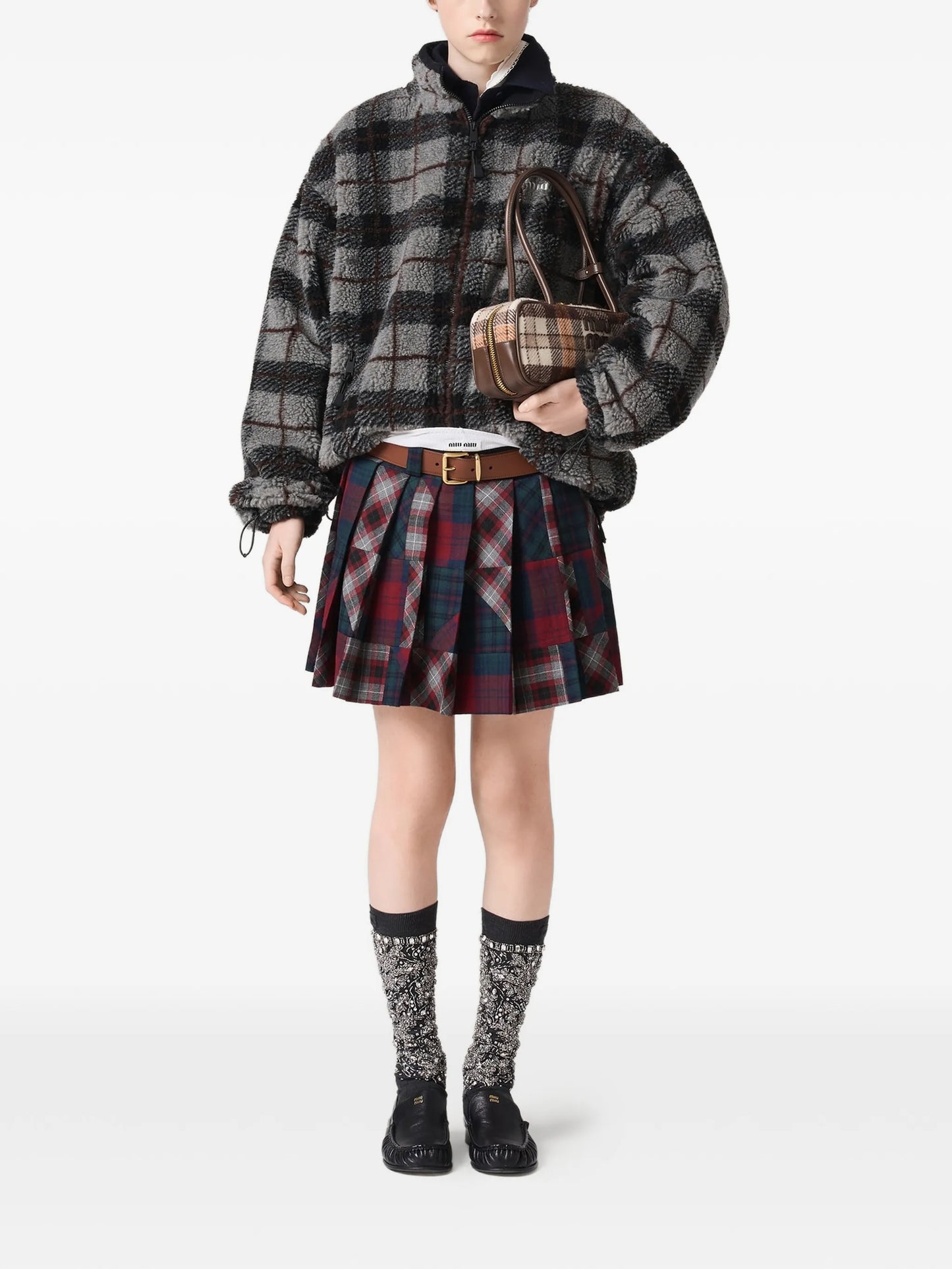 checked-pattern teddy-fleece jacket