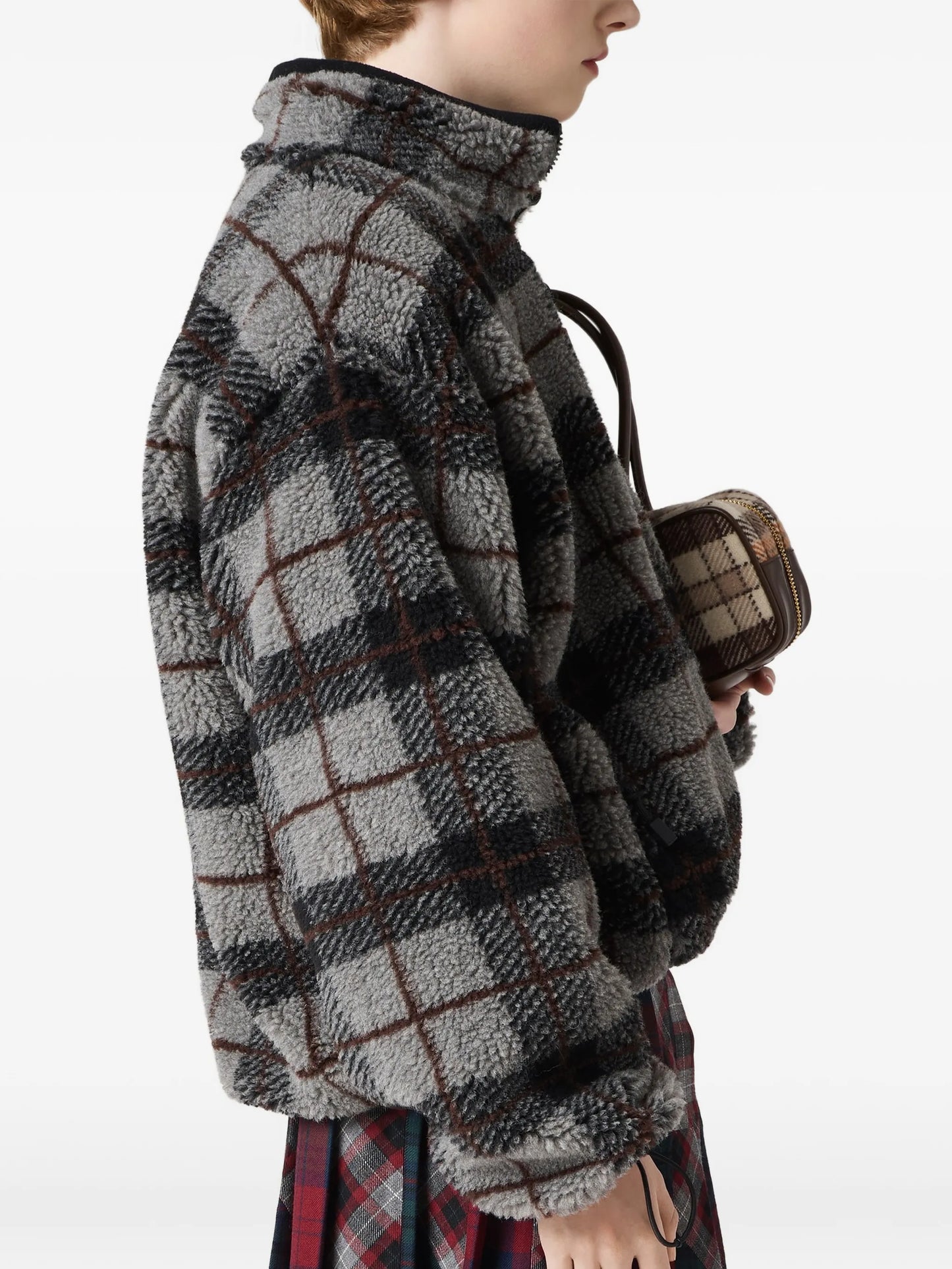 checked-pattern teddy-fleece jacket