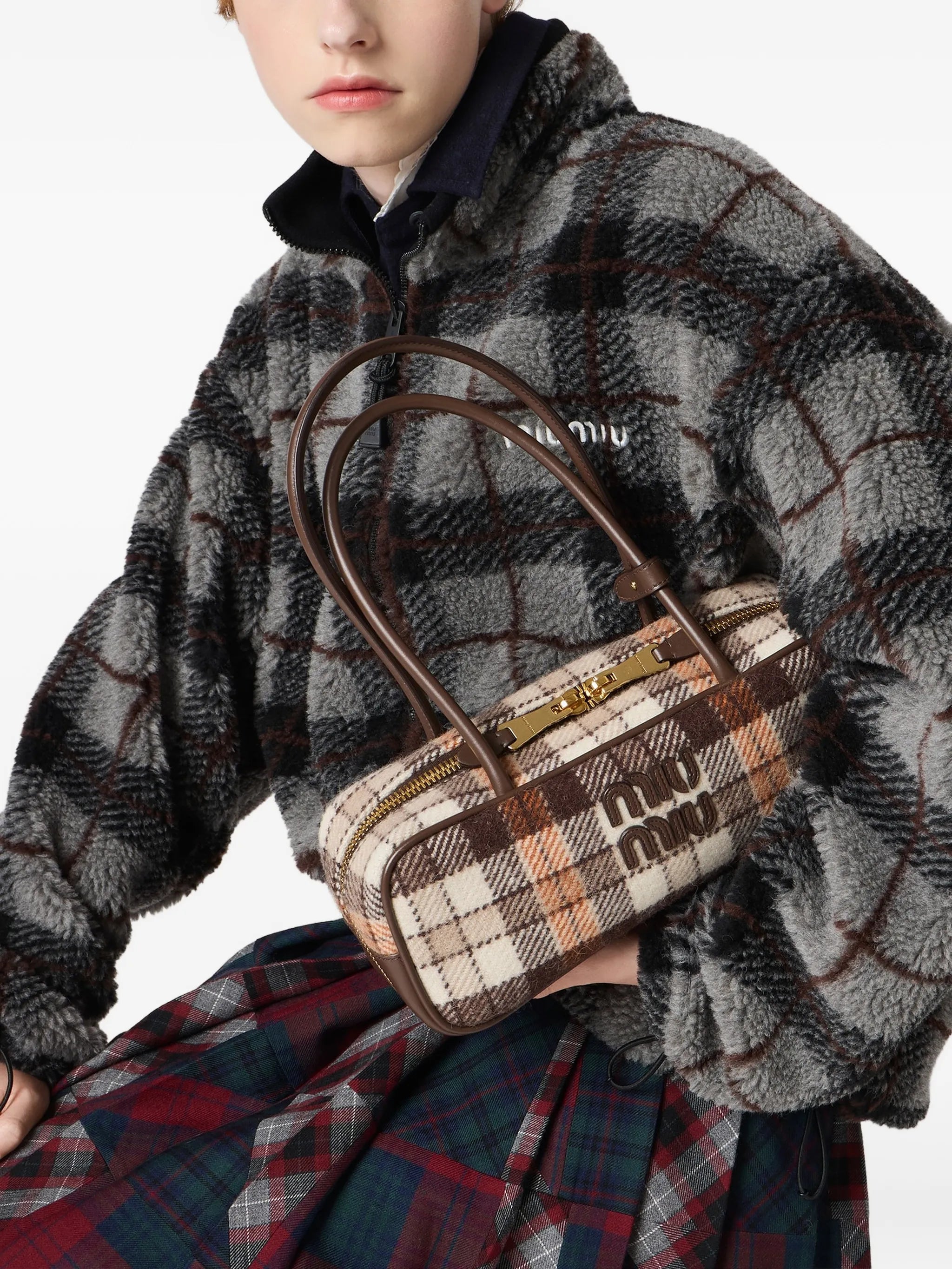 checked-pattern teddy-fleece jacket