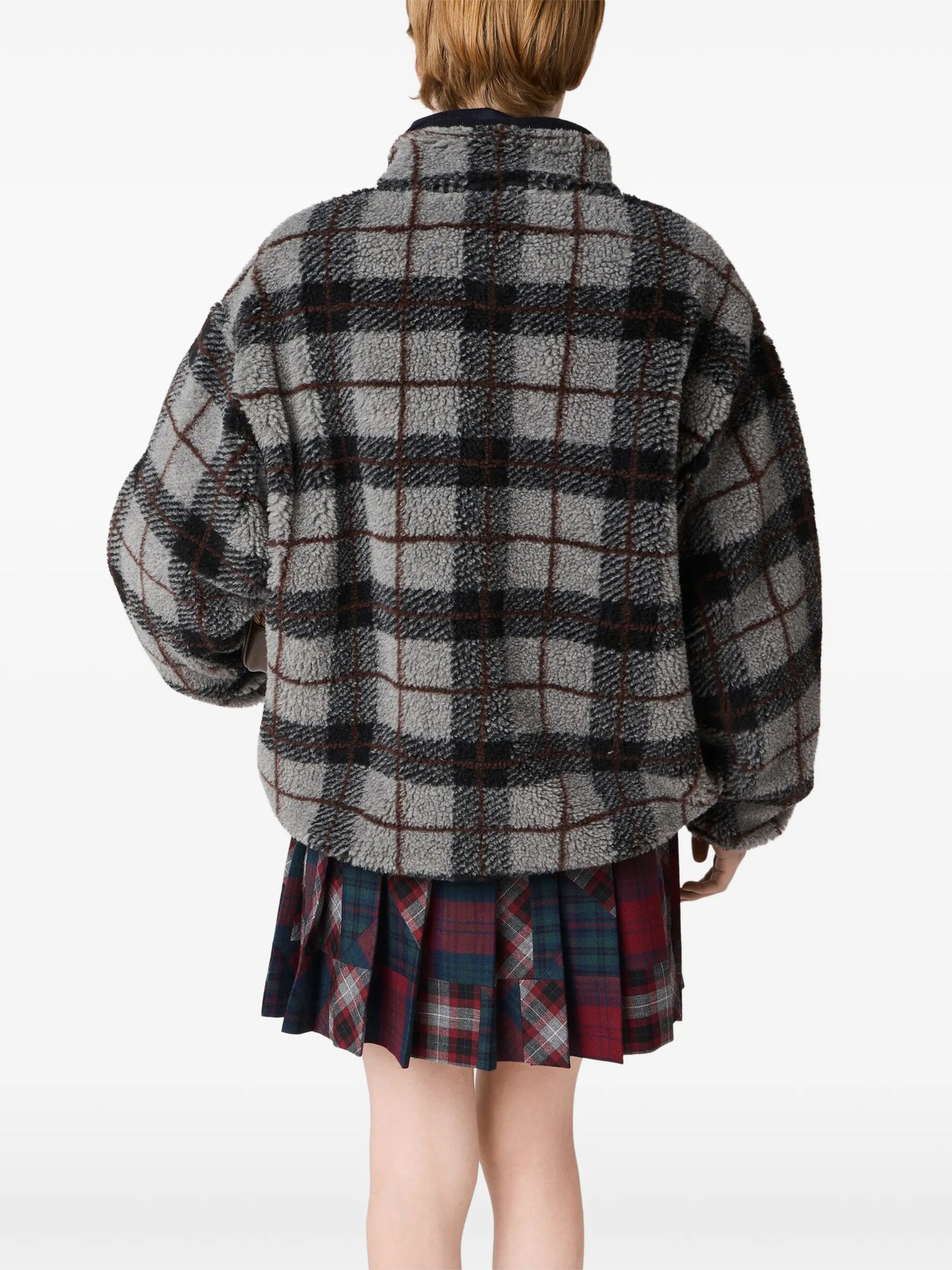 checked-pattern teddy-fleece jacket