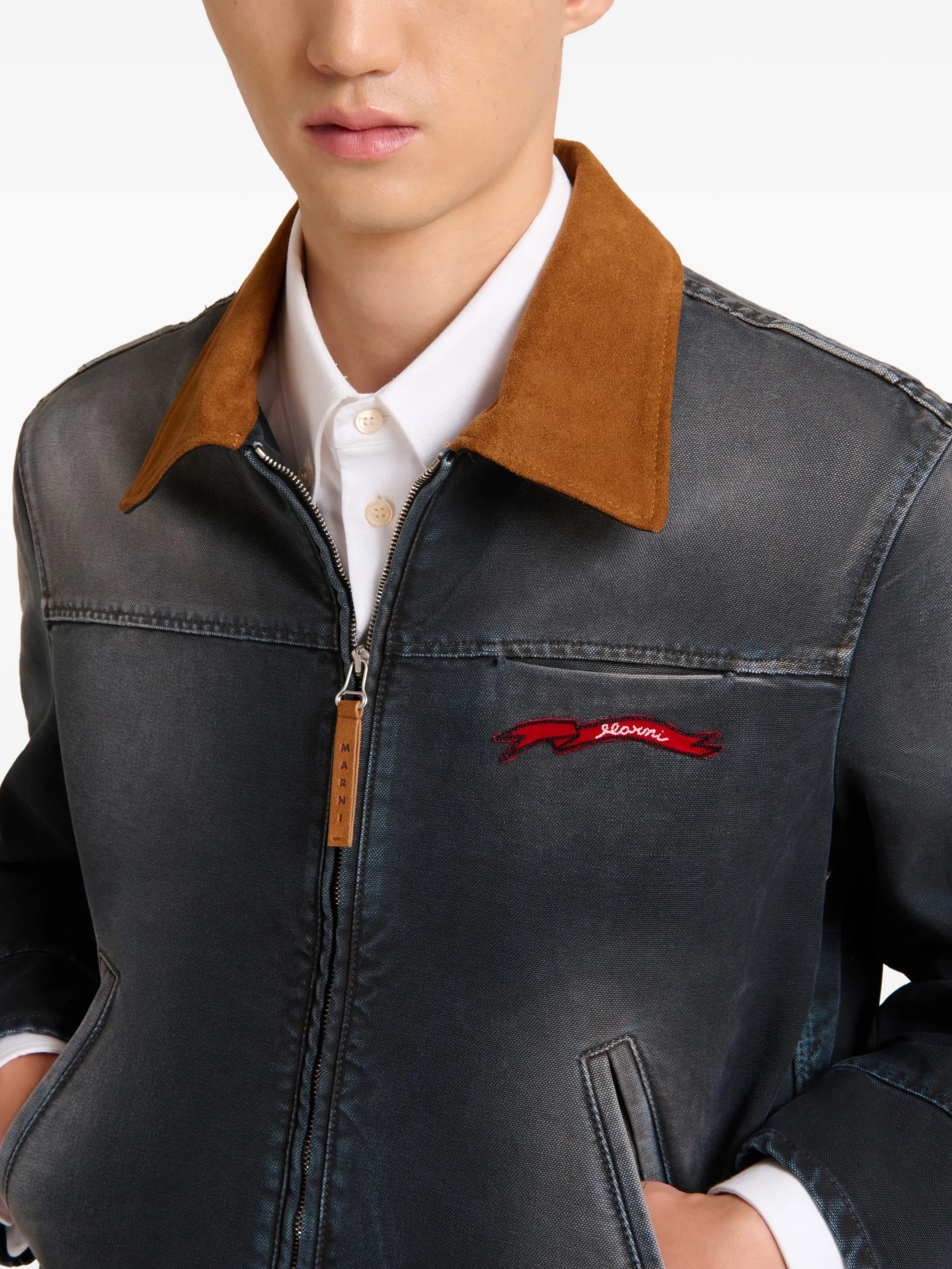 contrast suede-collar denim jacket